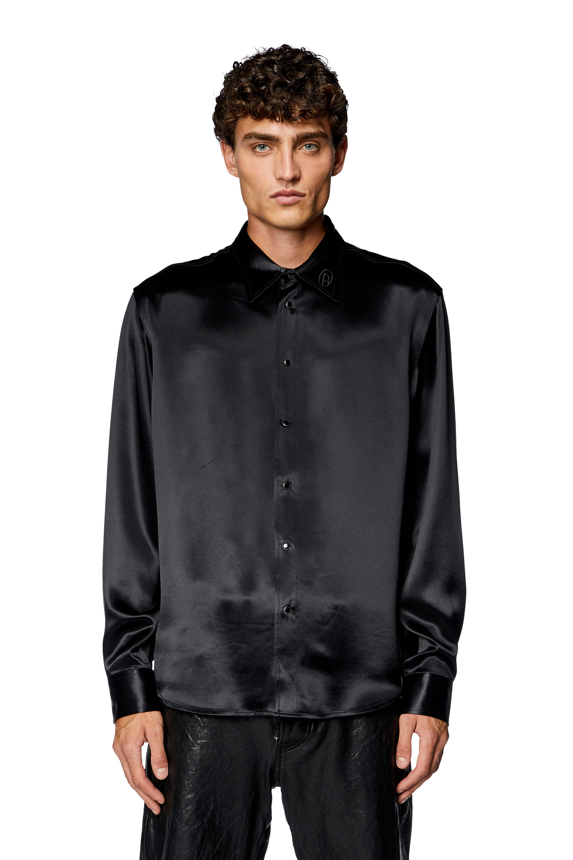 Diesel - S-RICCO, Man Satin shirt with logo-embroidered collar in Black - Image 6