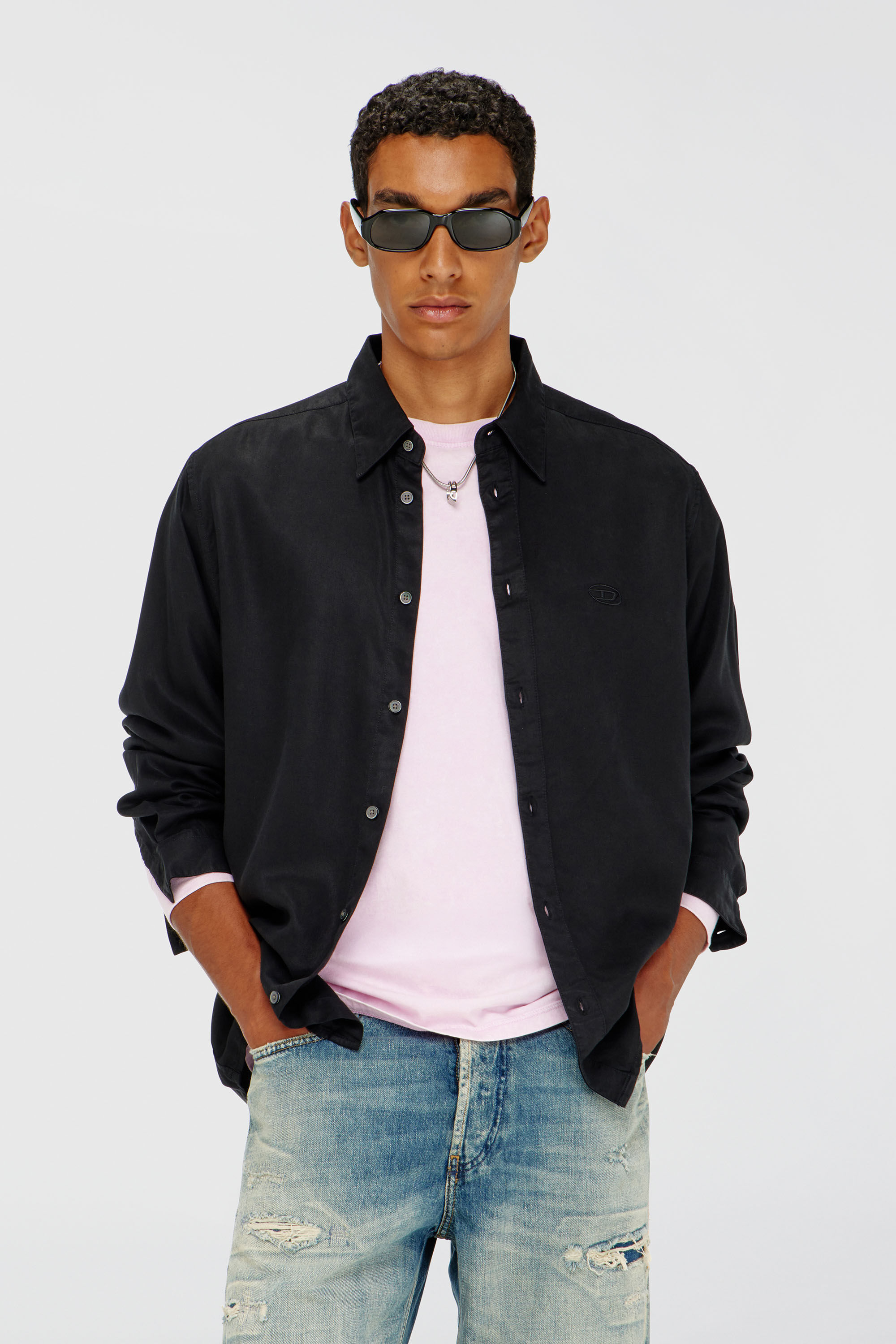 Diesel - S-SIMPLY-C, Man's Fluid shirt with logo embroidery in Black - 3