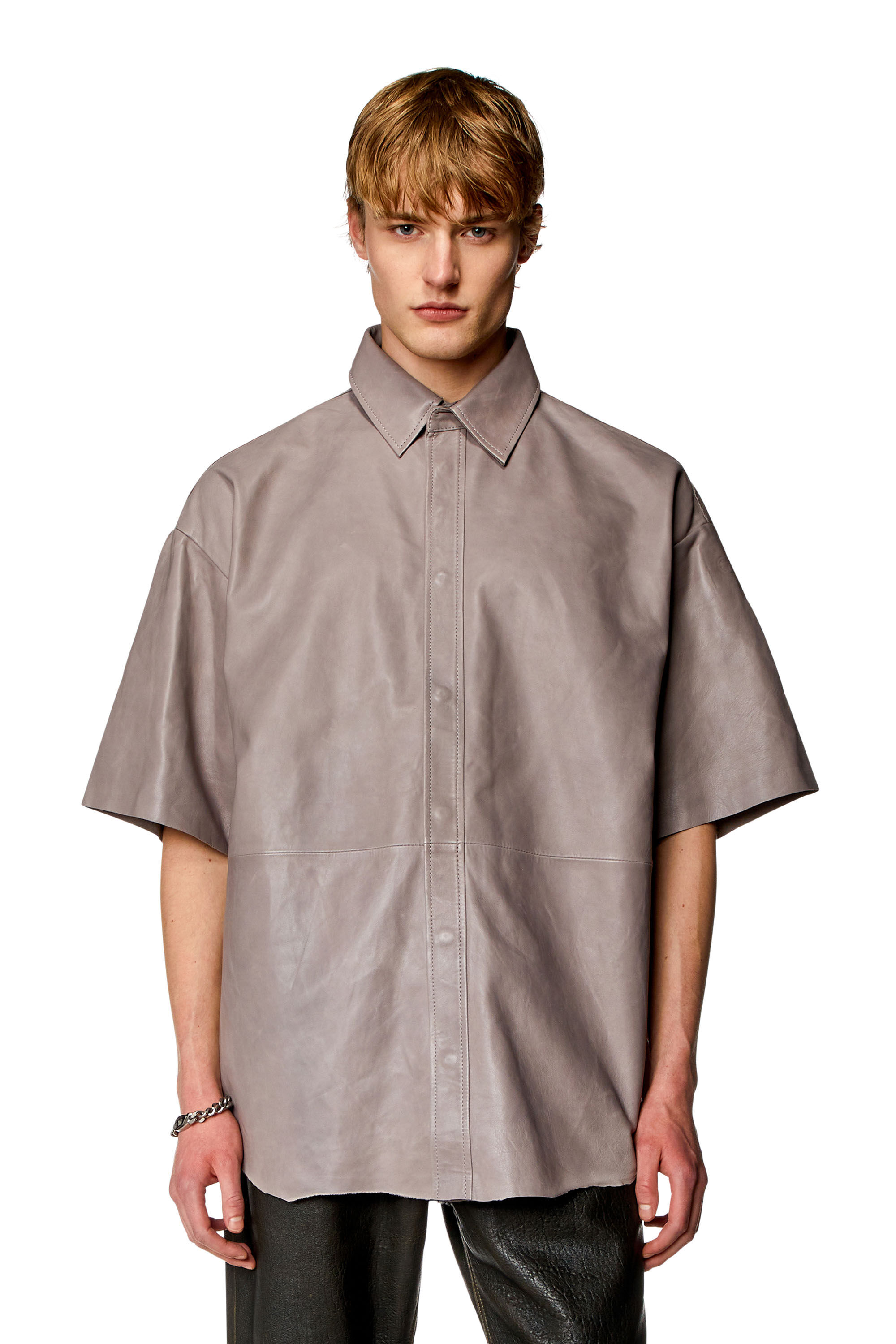 Diesel - S-EMIN-LTH, Man Oversized shirt in treated leather in Grey - Image 3