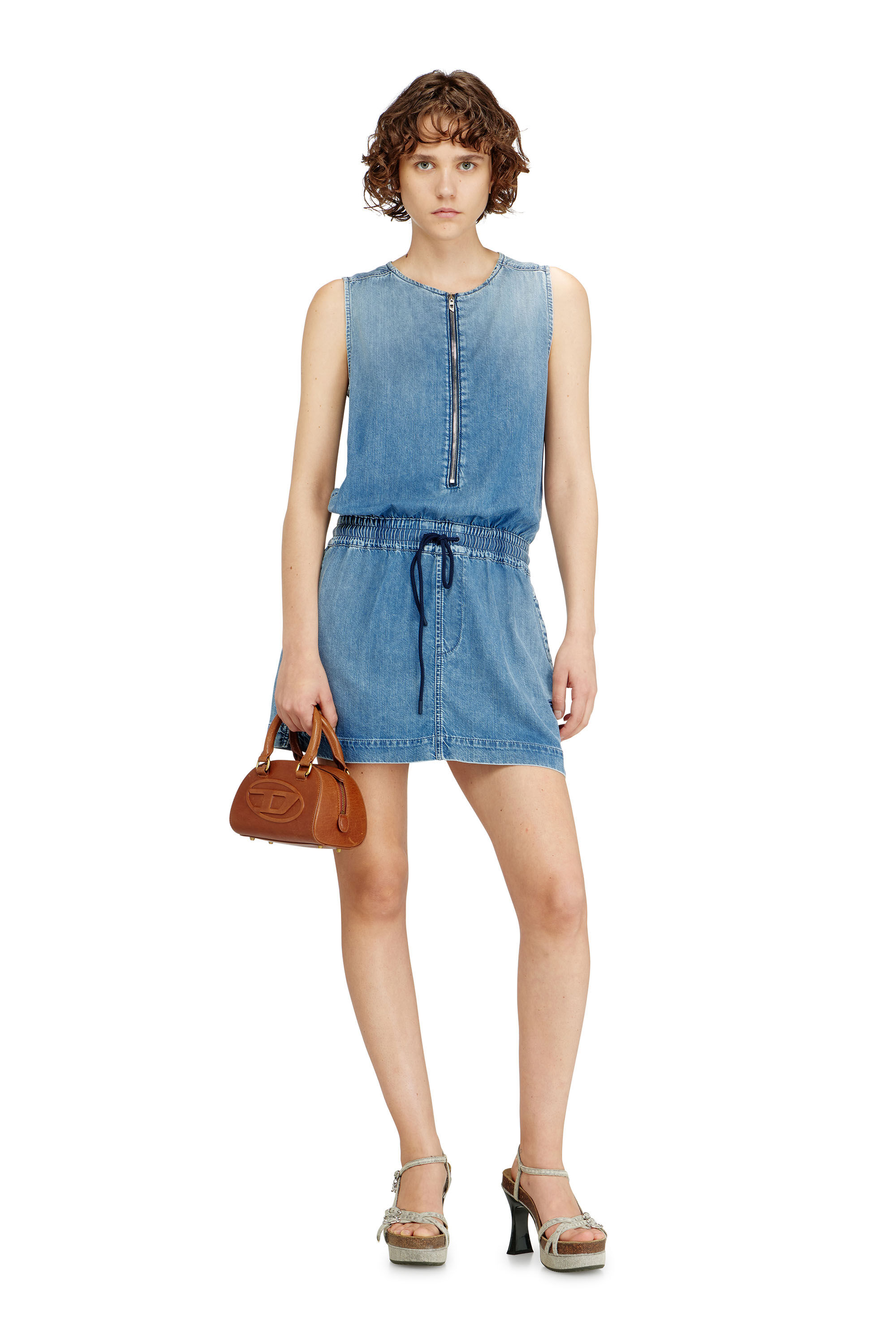 Diesel - DE-SLAM-S, Woman's Fluid denim dress with drawstring waist in Melange Blue - 1