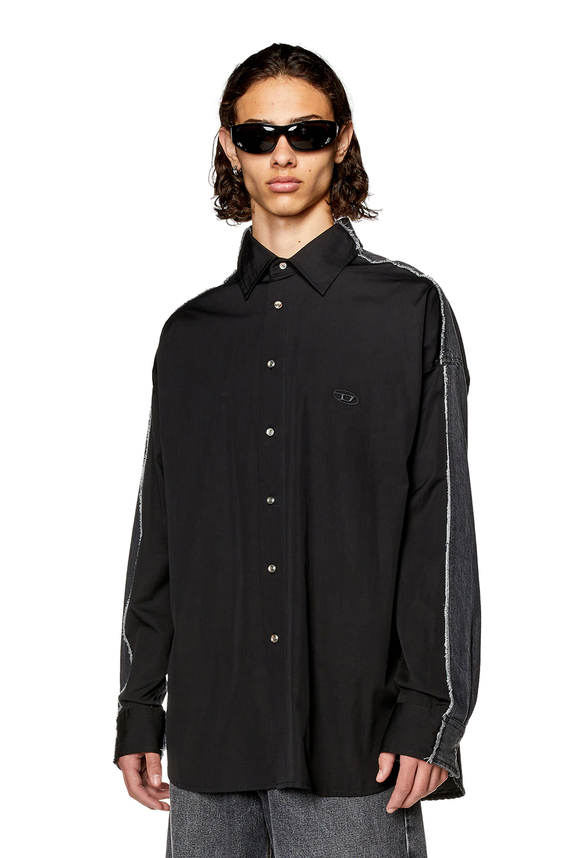 Diesel - S-WARH, Man Shirt in poplin and raw-edge denim in Black - Image 3