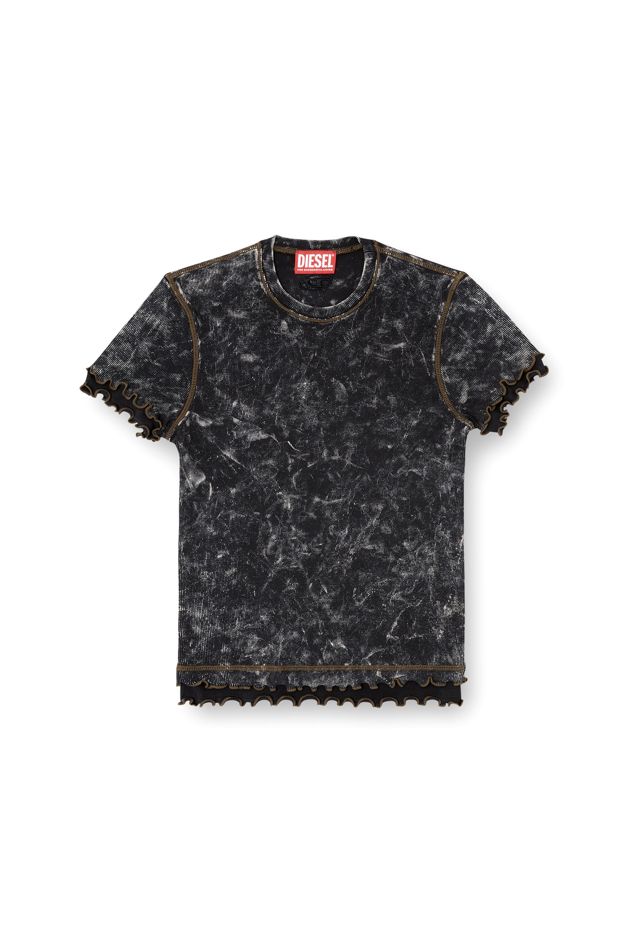 Diesel - T-FLU, Woman's Marbled T-shirt with ruffled trims in Black - 2
