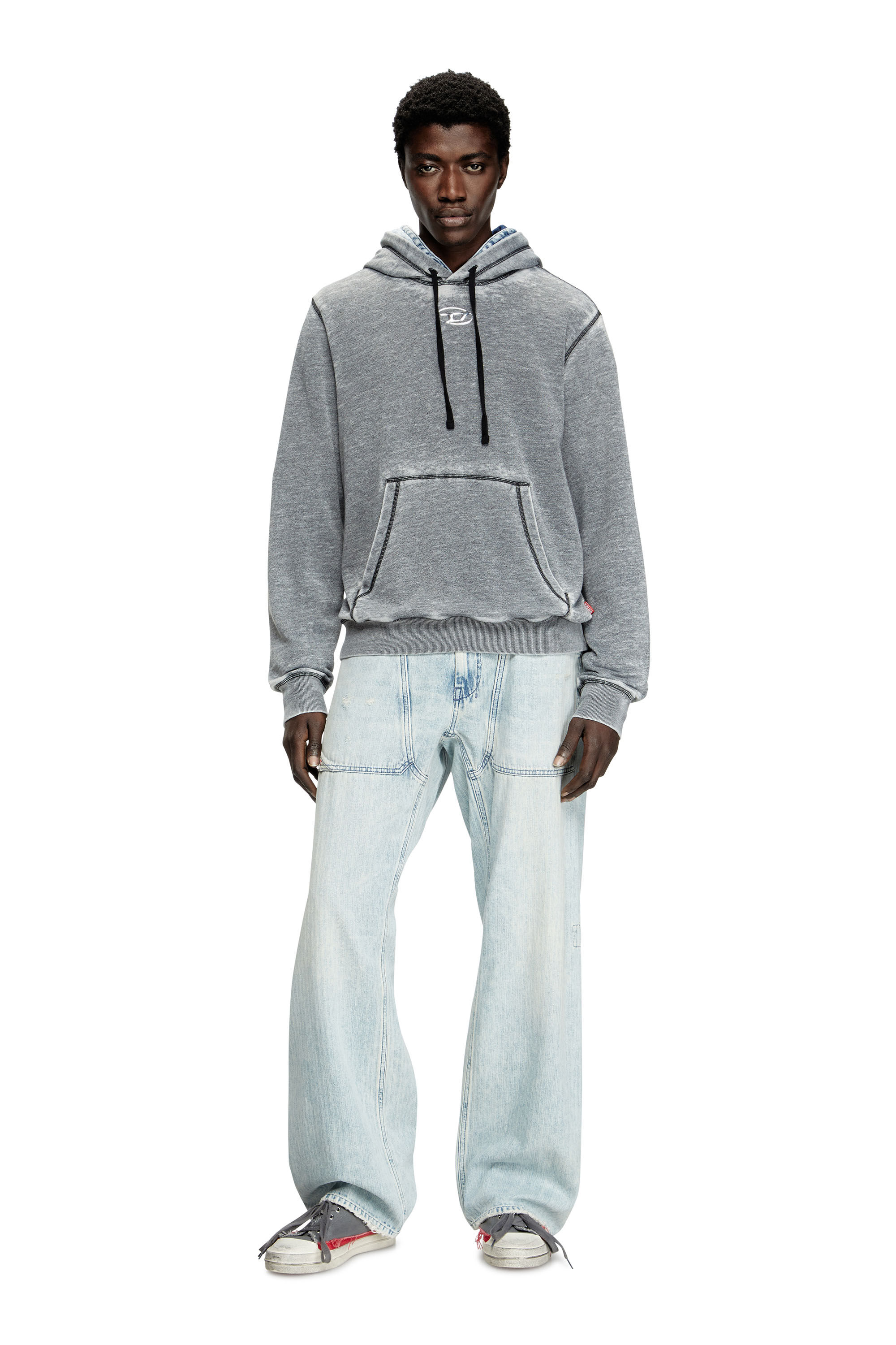Diesel - S-GINN-HOOD-PAK, Man's Burnout hoodie with metal-look logo in Grey - 1