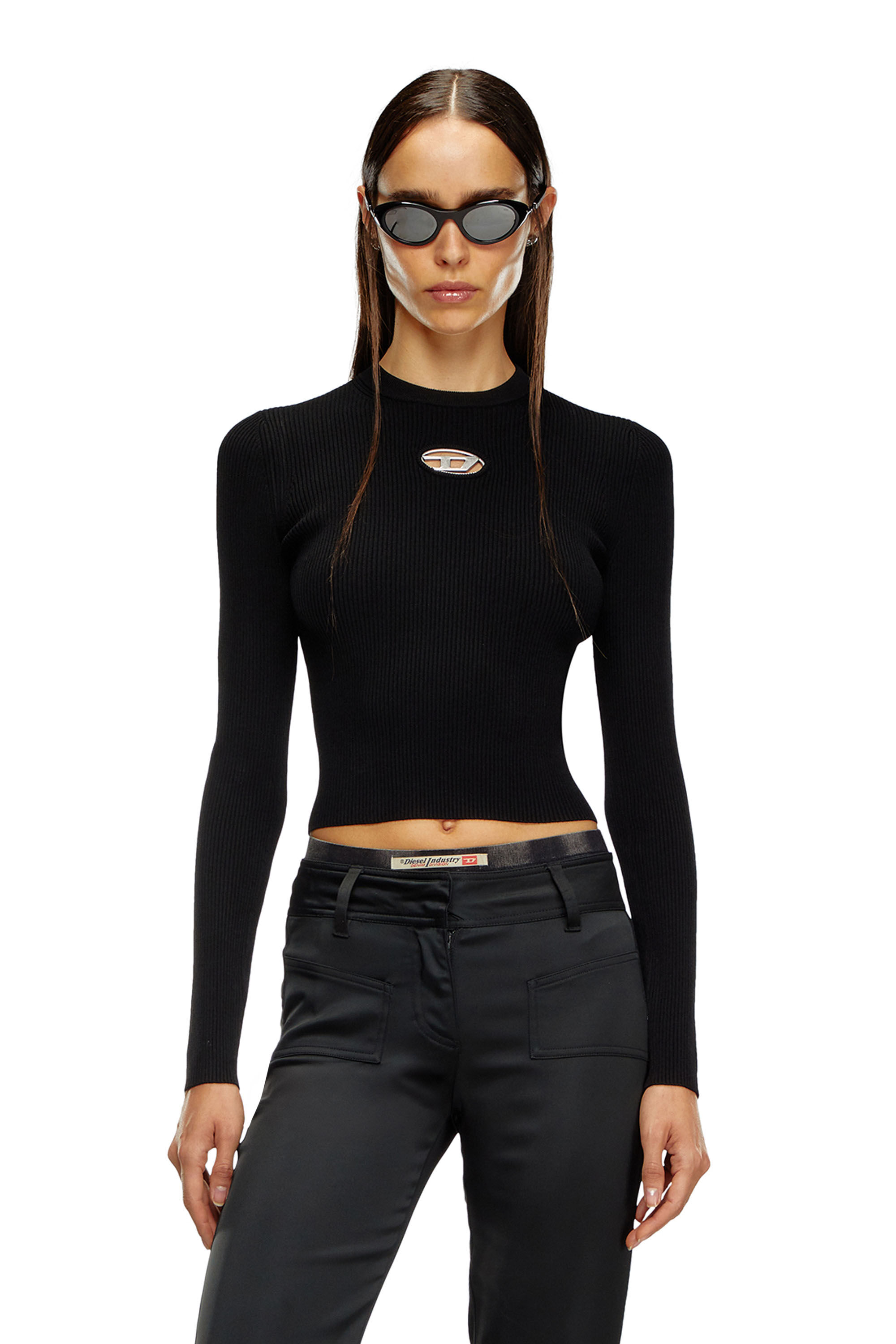Diesel - M-VALARI, Woman Rib-knit viscose-blend top with Oval D in Black - Image 3