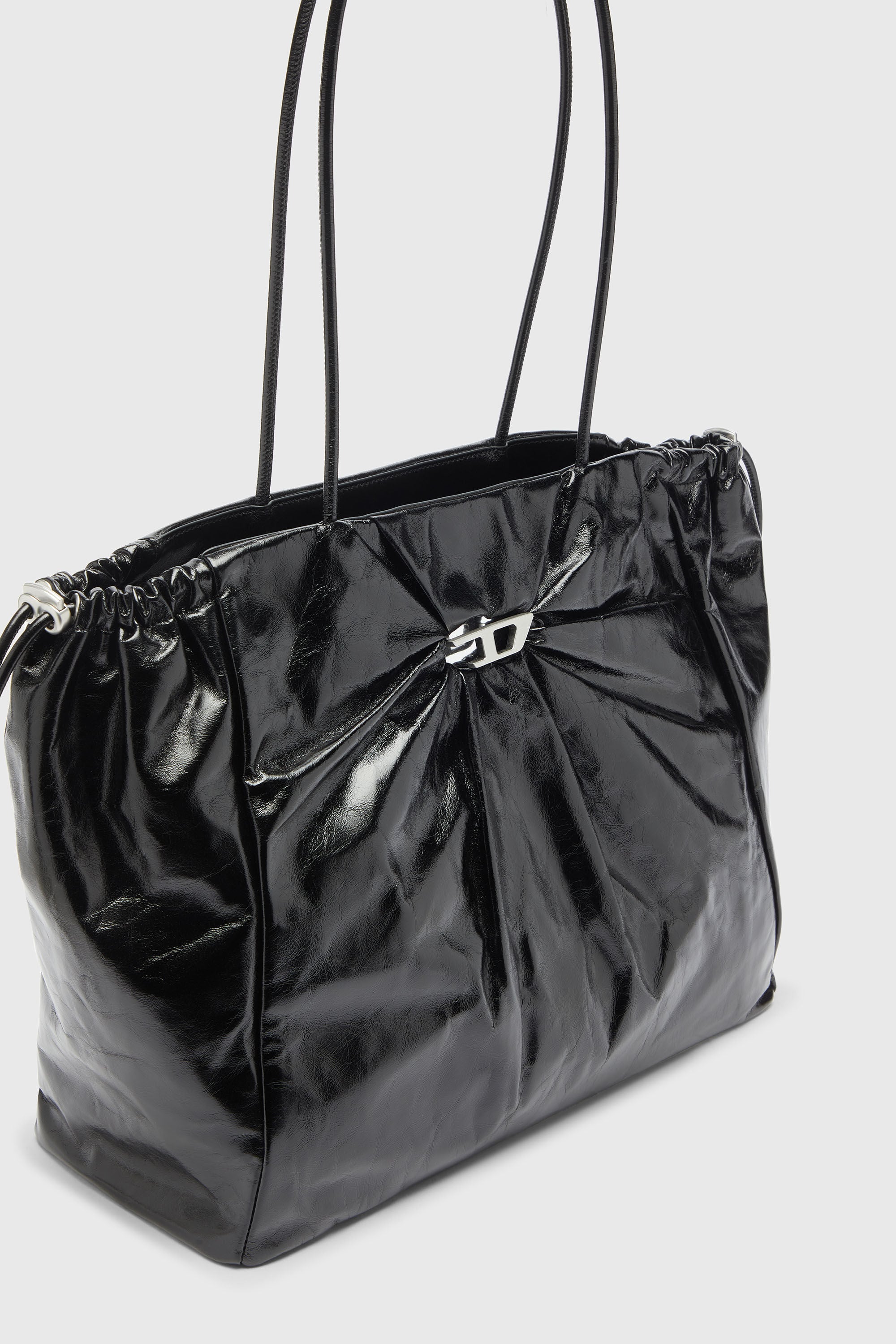 Diesel - SCRUNCH-D TOTE E/W, Woman's Scrunch-D - Tote bag in shiny wrinkled leather in Black - 6