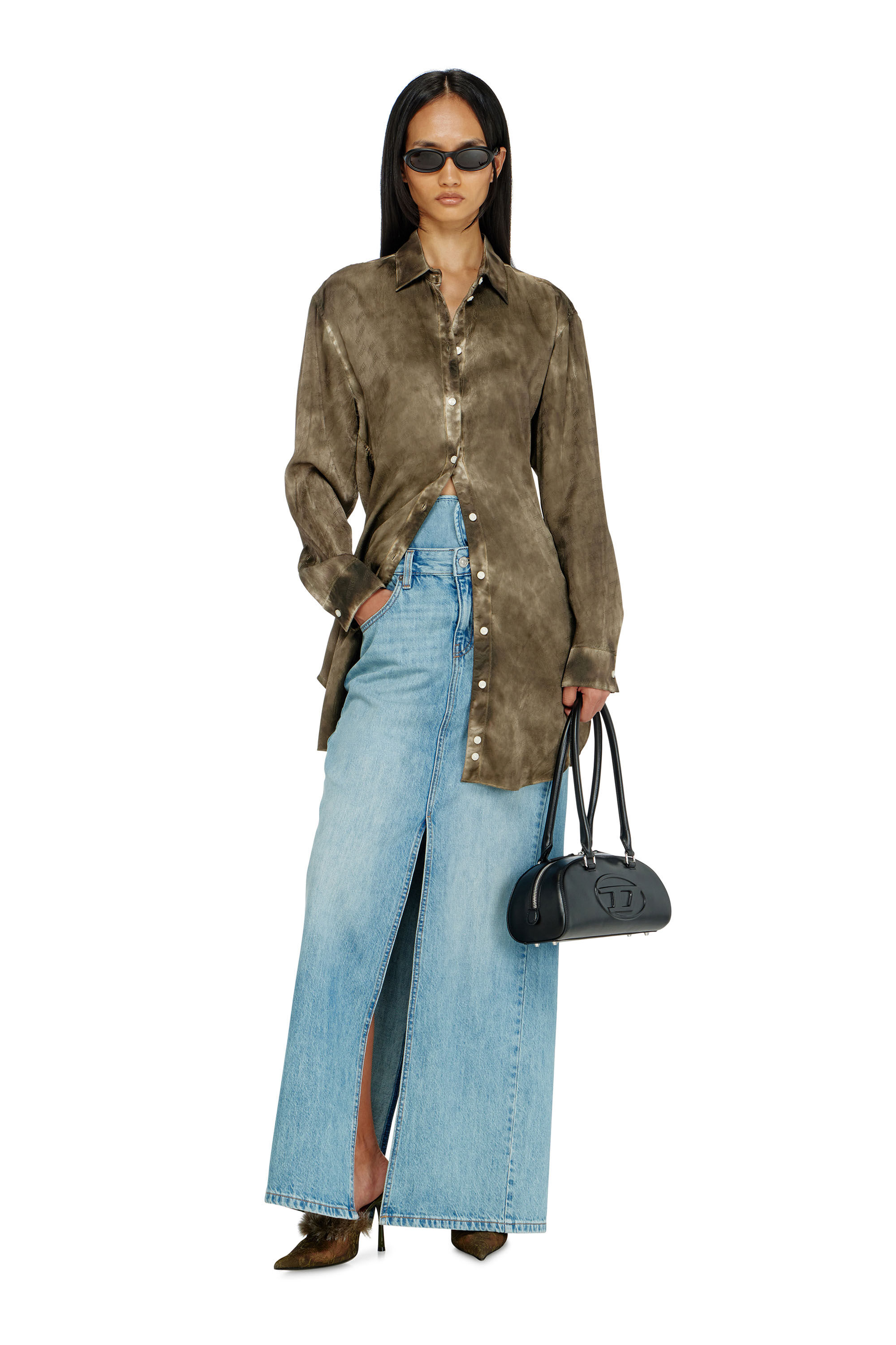 Diesel - C-LAVEL, Woman's Long shirt in logo-jacquard crinkled satin in null - 1