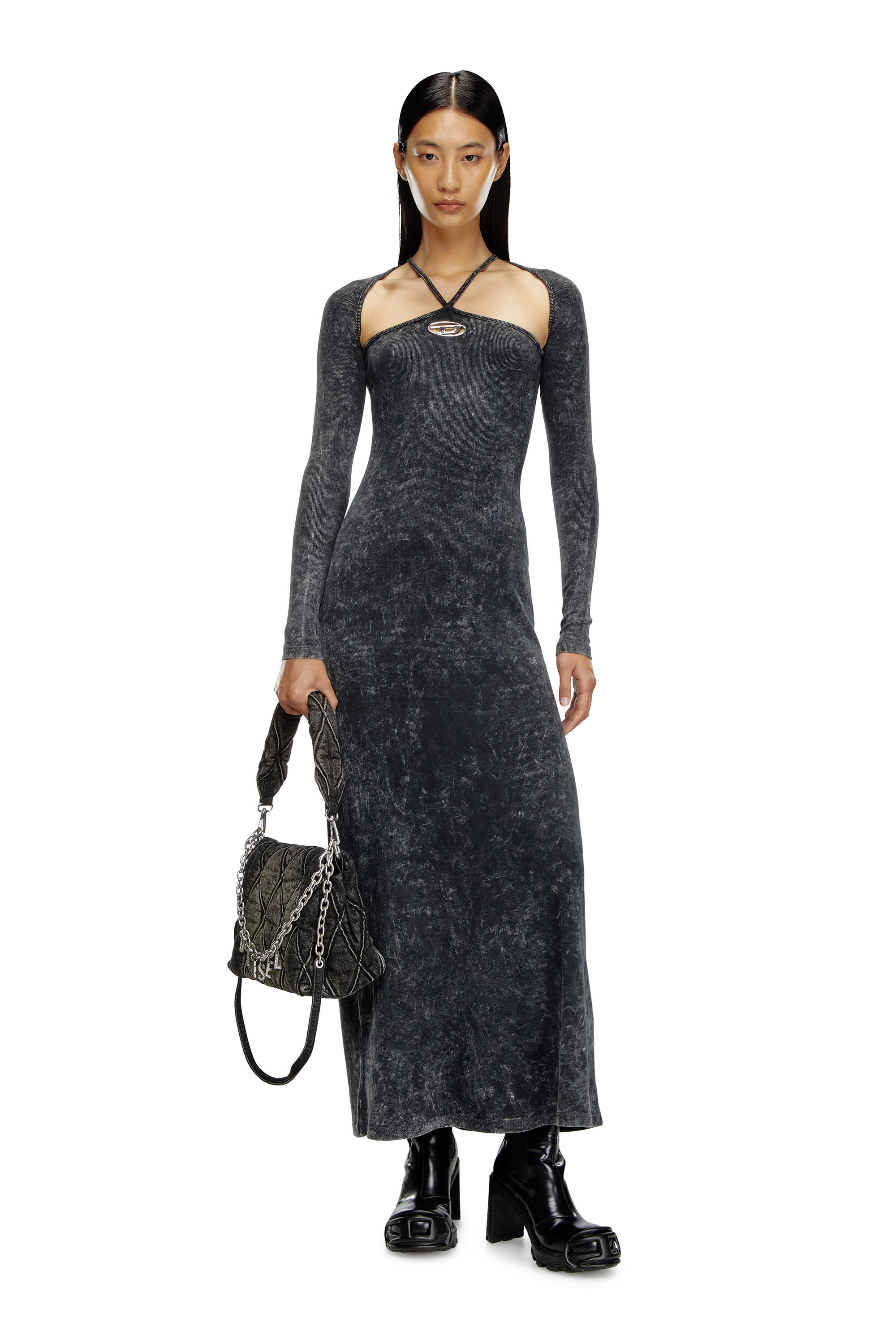 Diesel - D-MARINEL, Woman Long dress with marbled effect in Black - Image 1