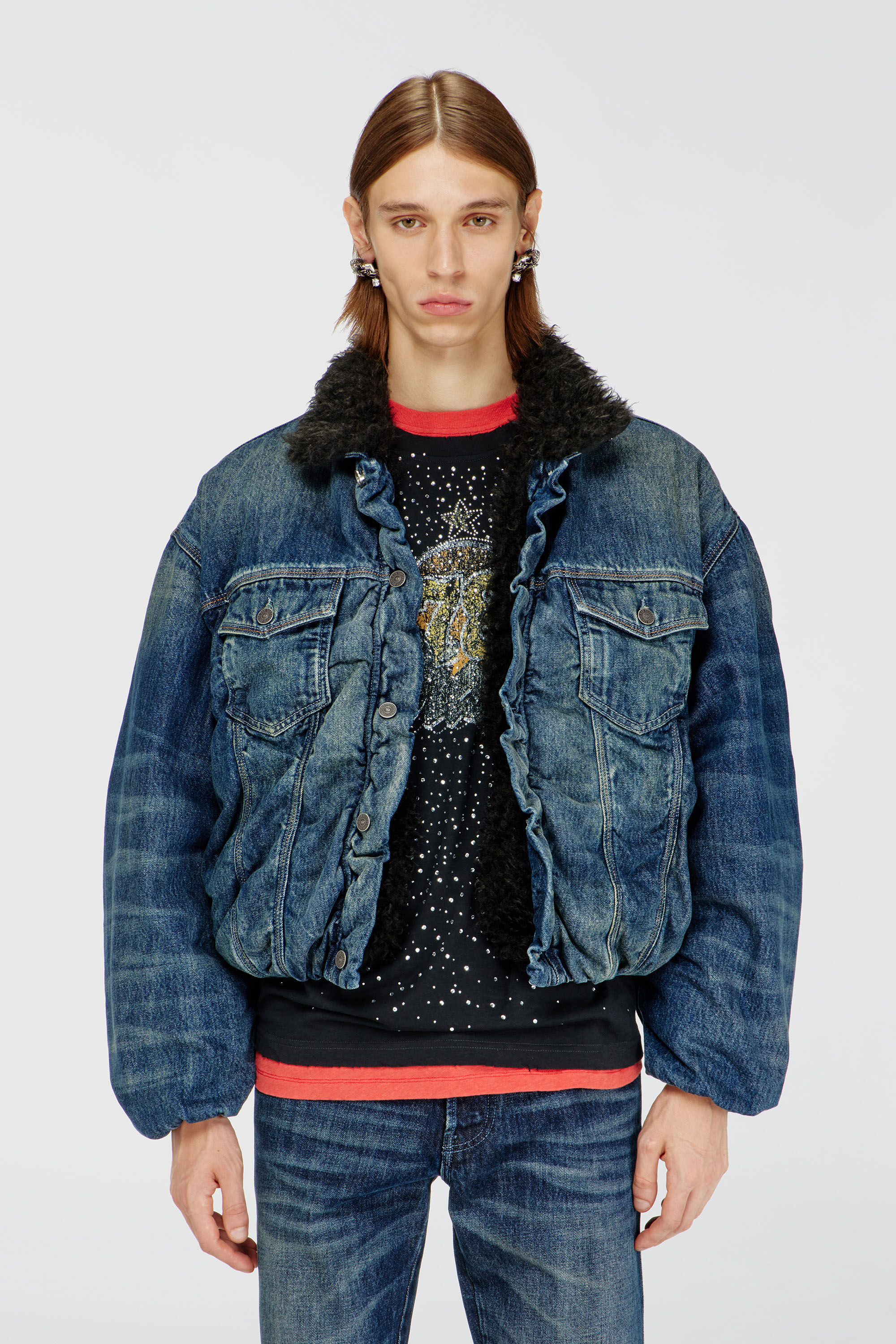 Diesel - D-CURLY-FSJ1, Unisex's Teddy-lined trucker jacket in denim in Medium blue - 3