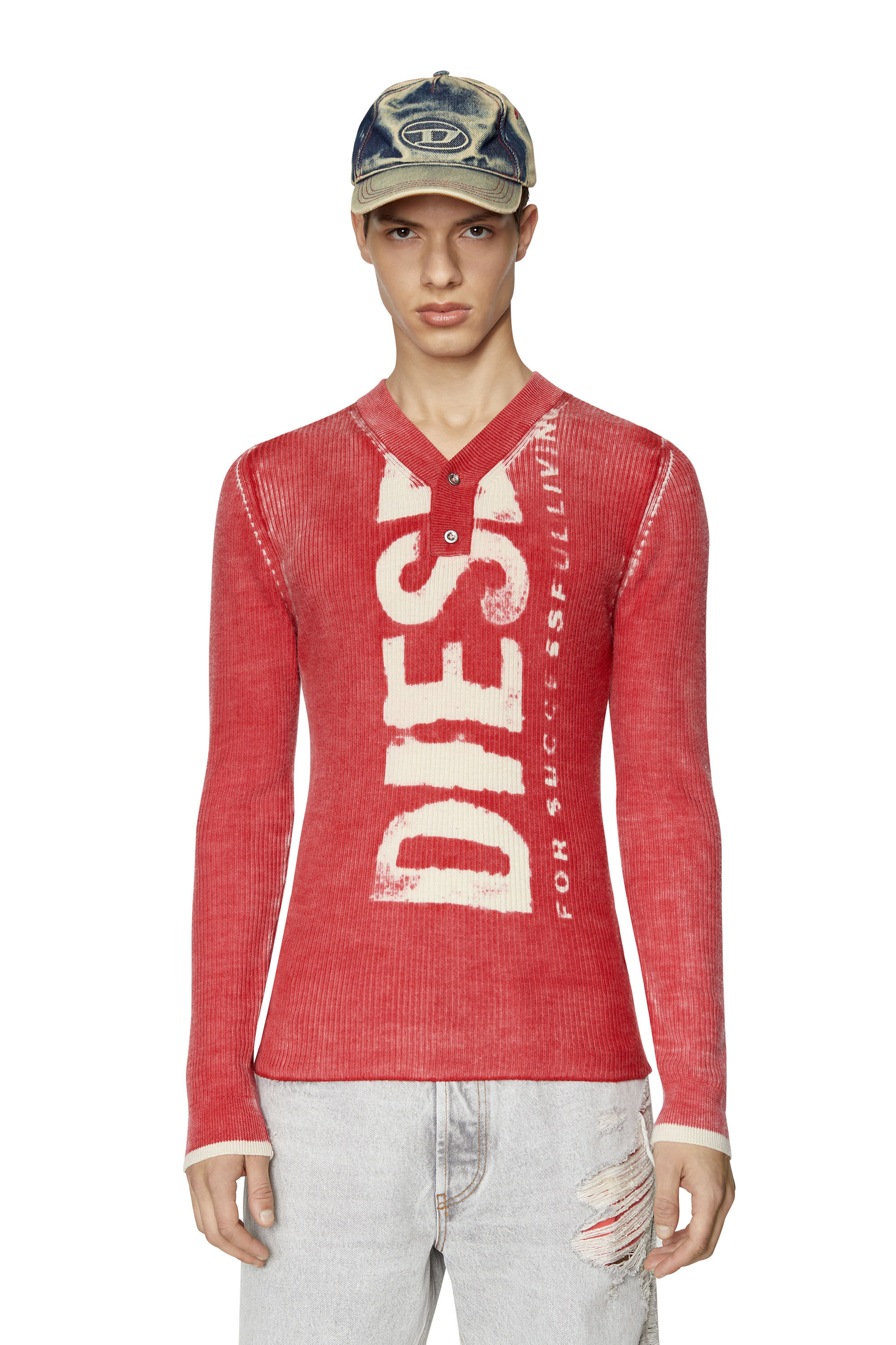 Diesel - K-ATULLUS, Man Printed wool jumper with logo in Red - Image 3