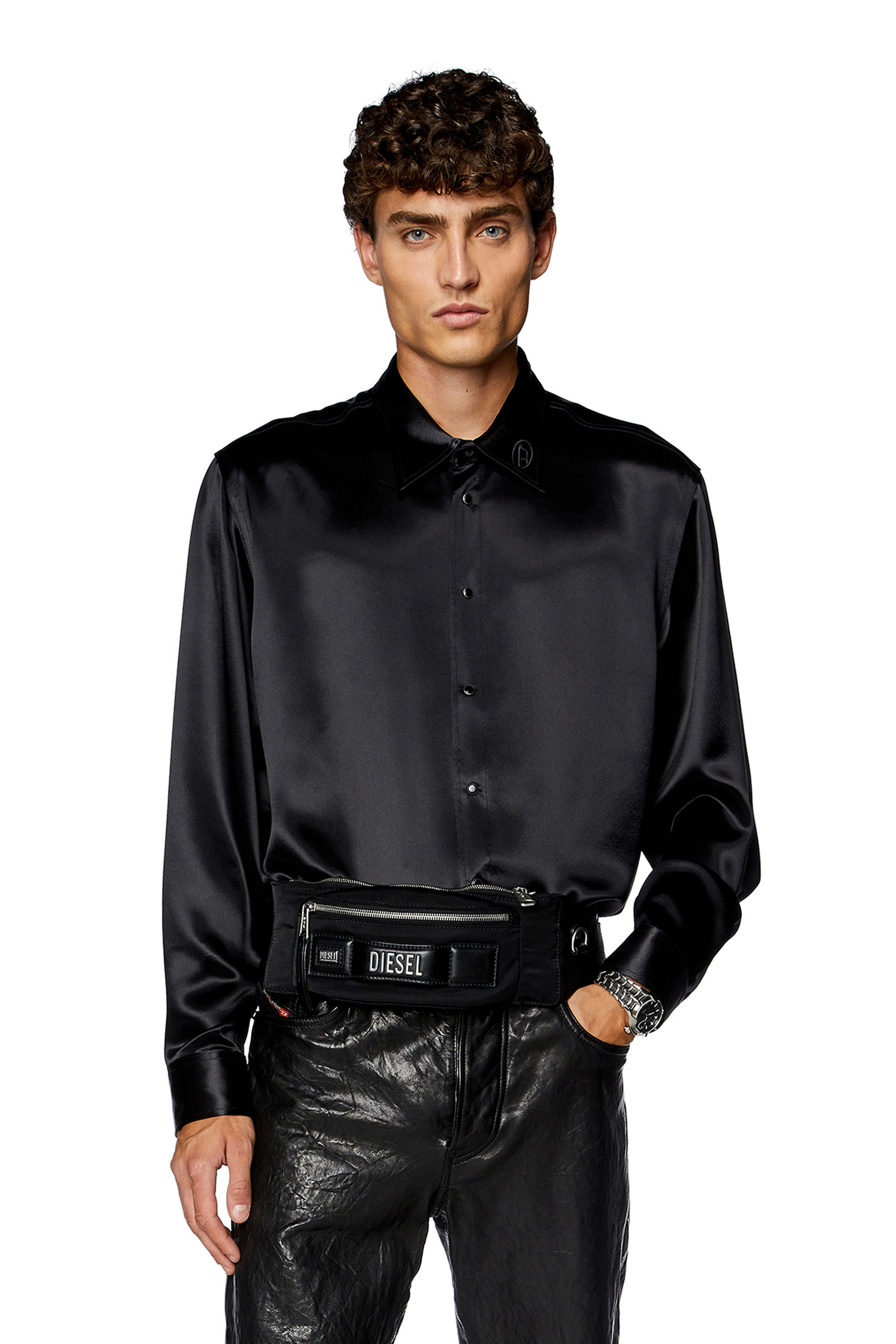 Diesel - S-RICCO, Man Satin shirt with logo-embroidered collar in Black - Image 3