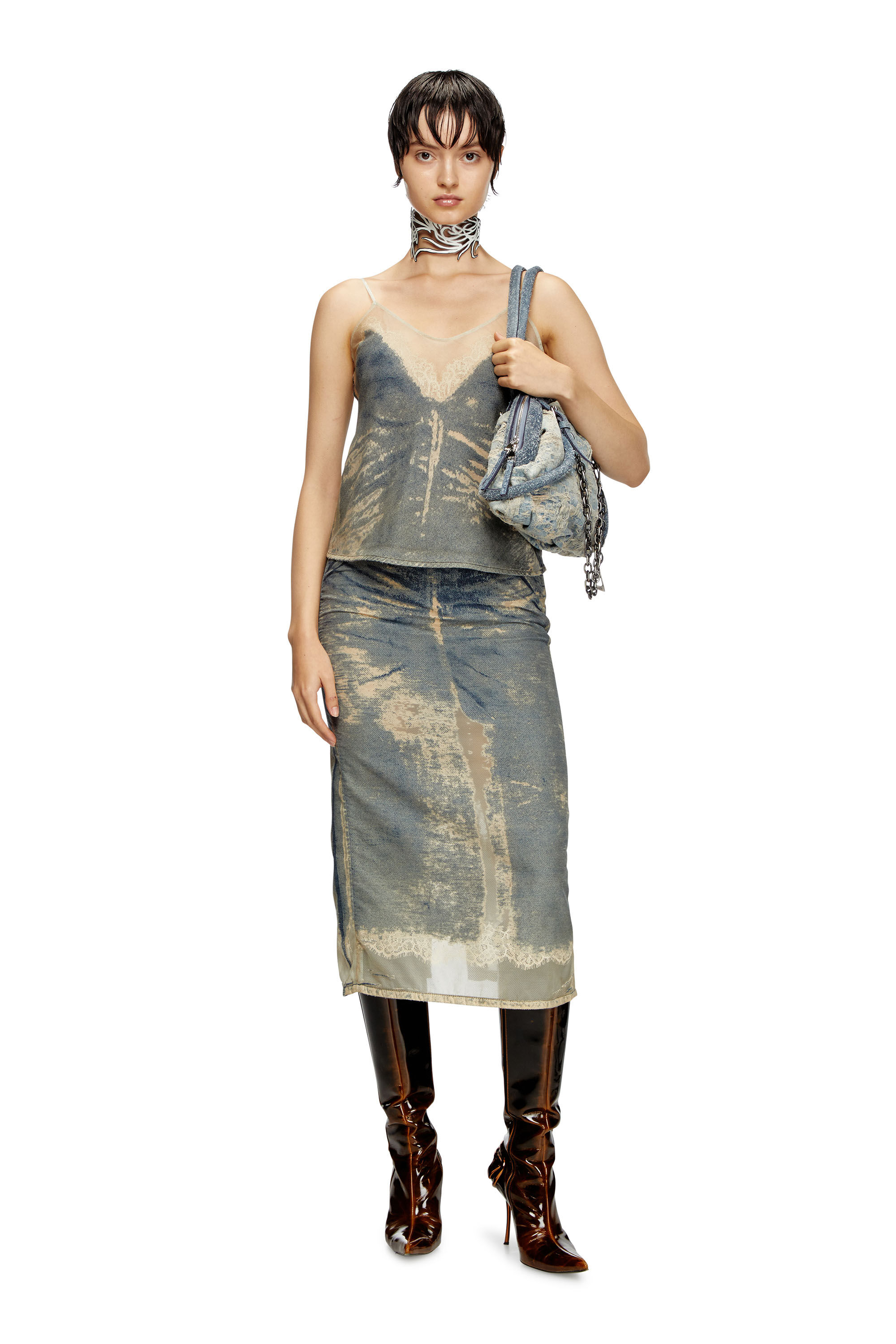 Diesel - DE-TRE-FSF, Woman's Strappy top in floating devoré denim in Medium blue - 1