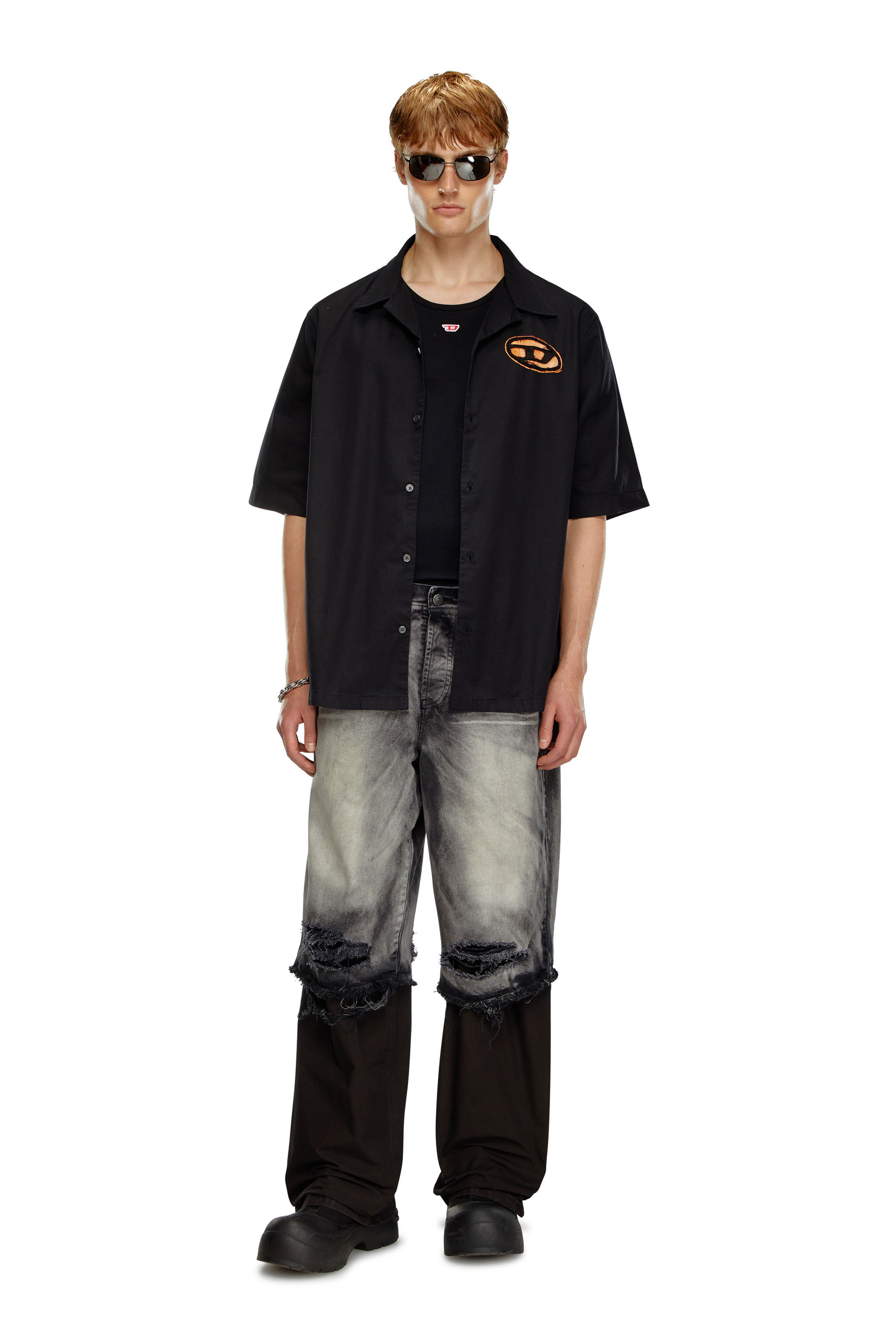 Diesel - S-STAN-BLEACH, Man Bowling shirt with bleached effect in Black - Image 1