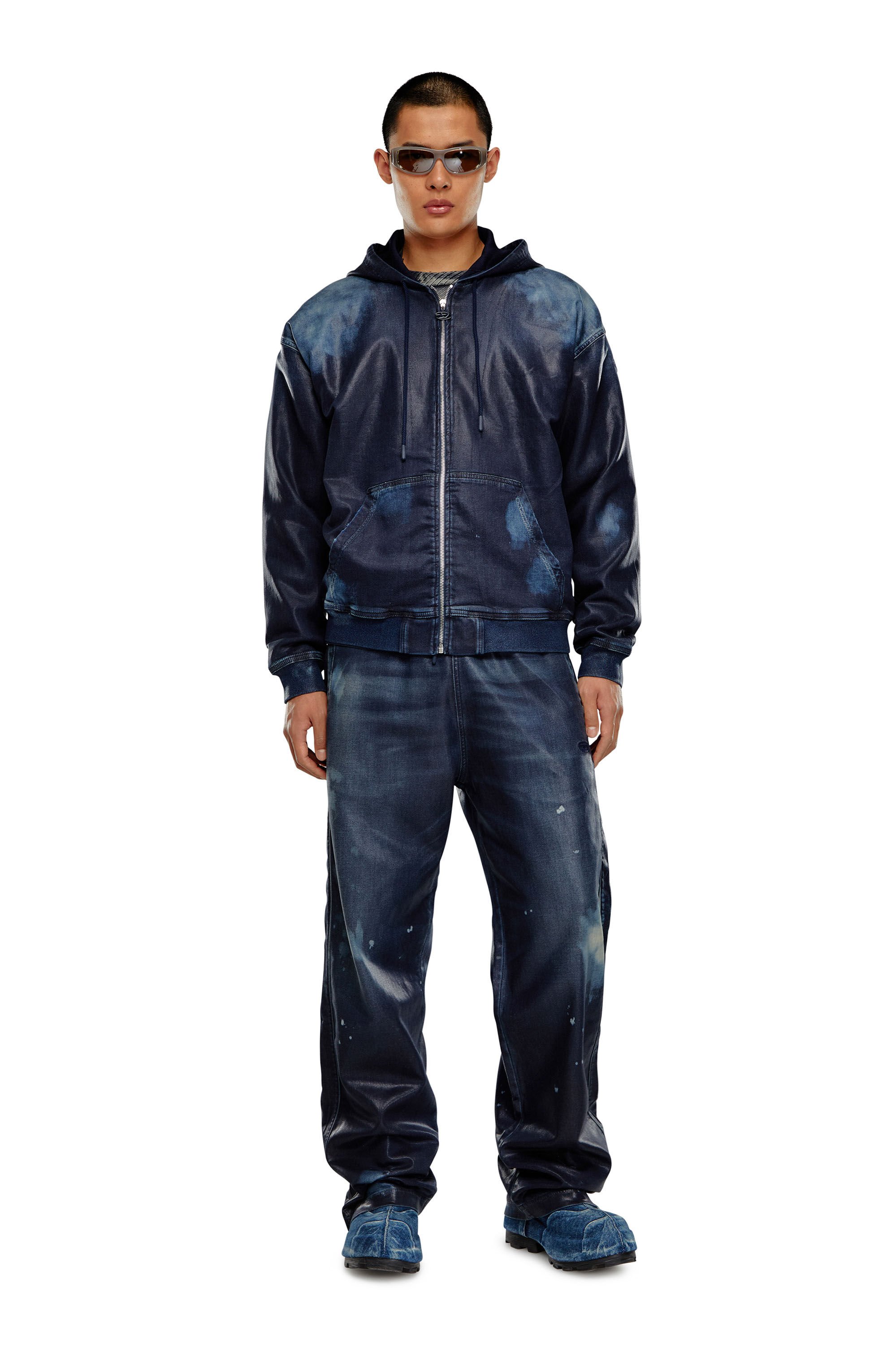 Diesel - D-GIR-S TRACK, Man Zip-up hoodie in coated Track Denim in Blue - Image 1