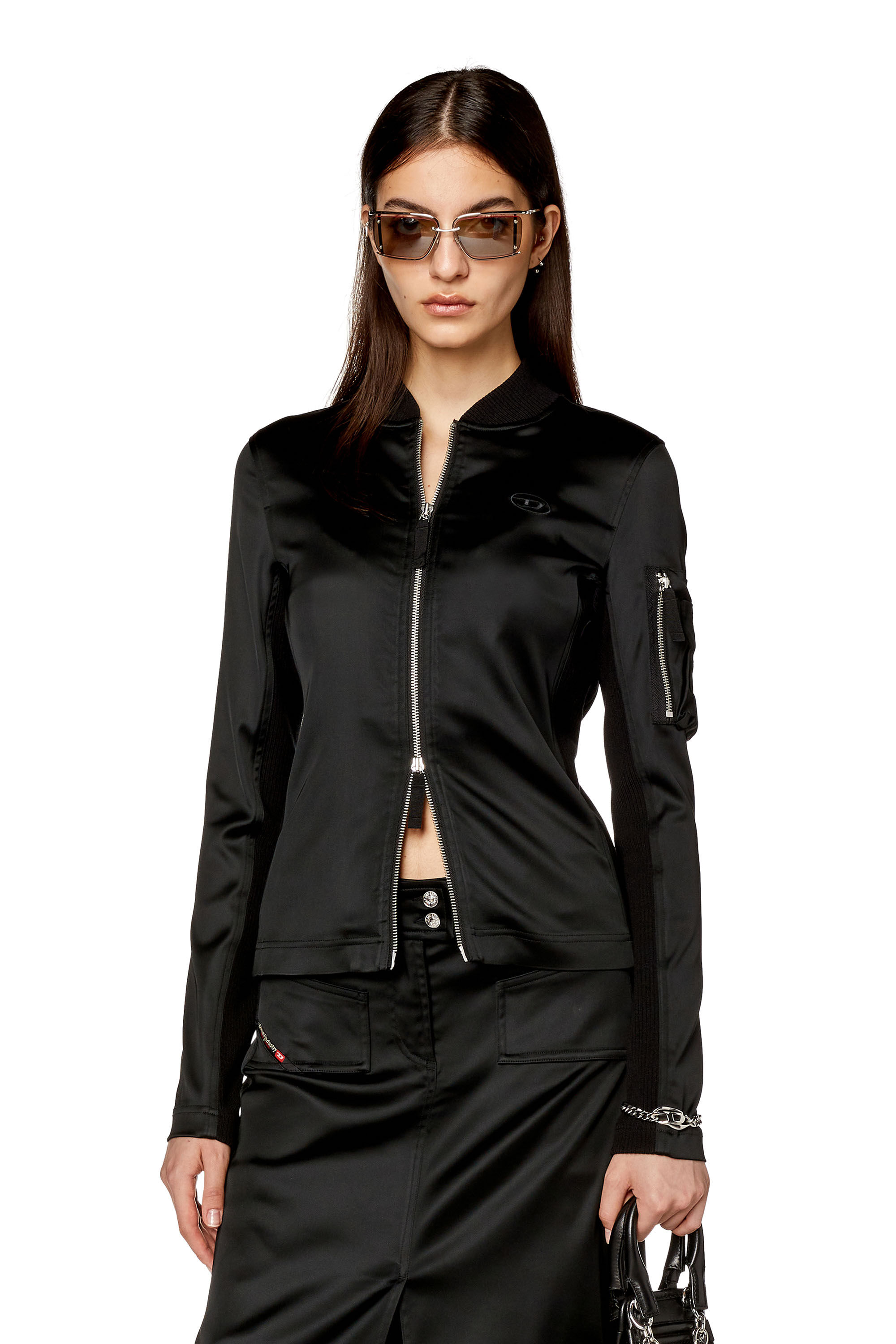 Diesel - T-OPUN, Woman Track jacket in shiny stretch satin in Black - Image 3