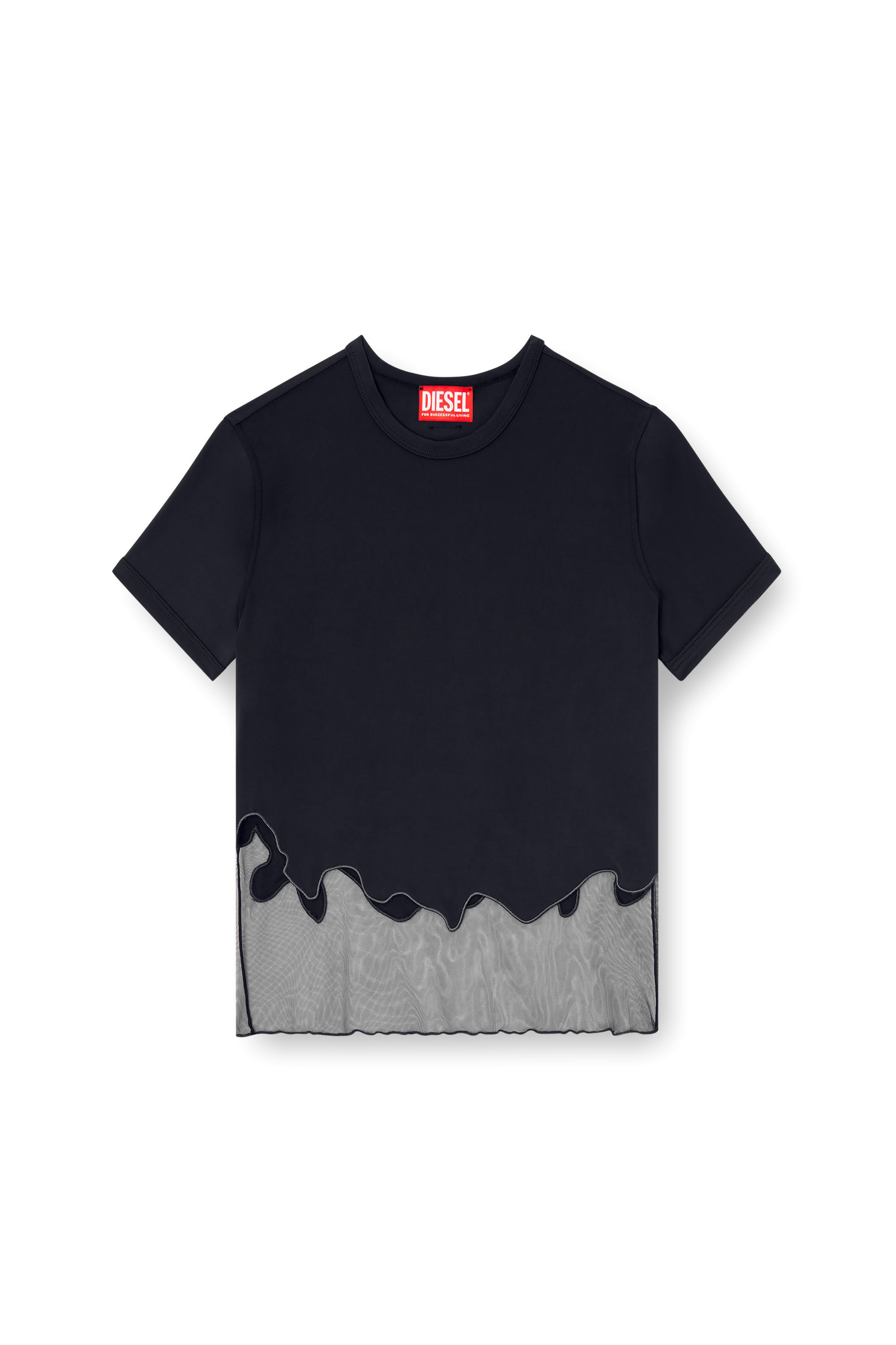 Diesel - T-INLAY-R1, Woman's Nylon T-shirt with tulle insert in Black - 2