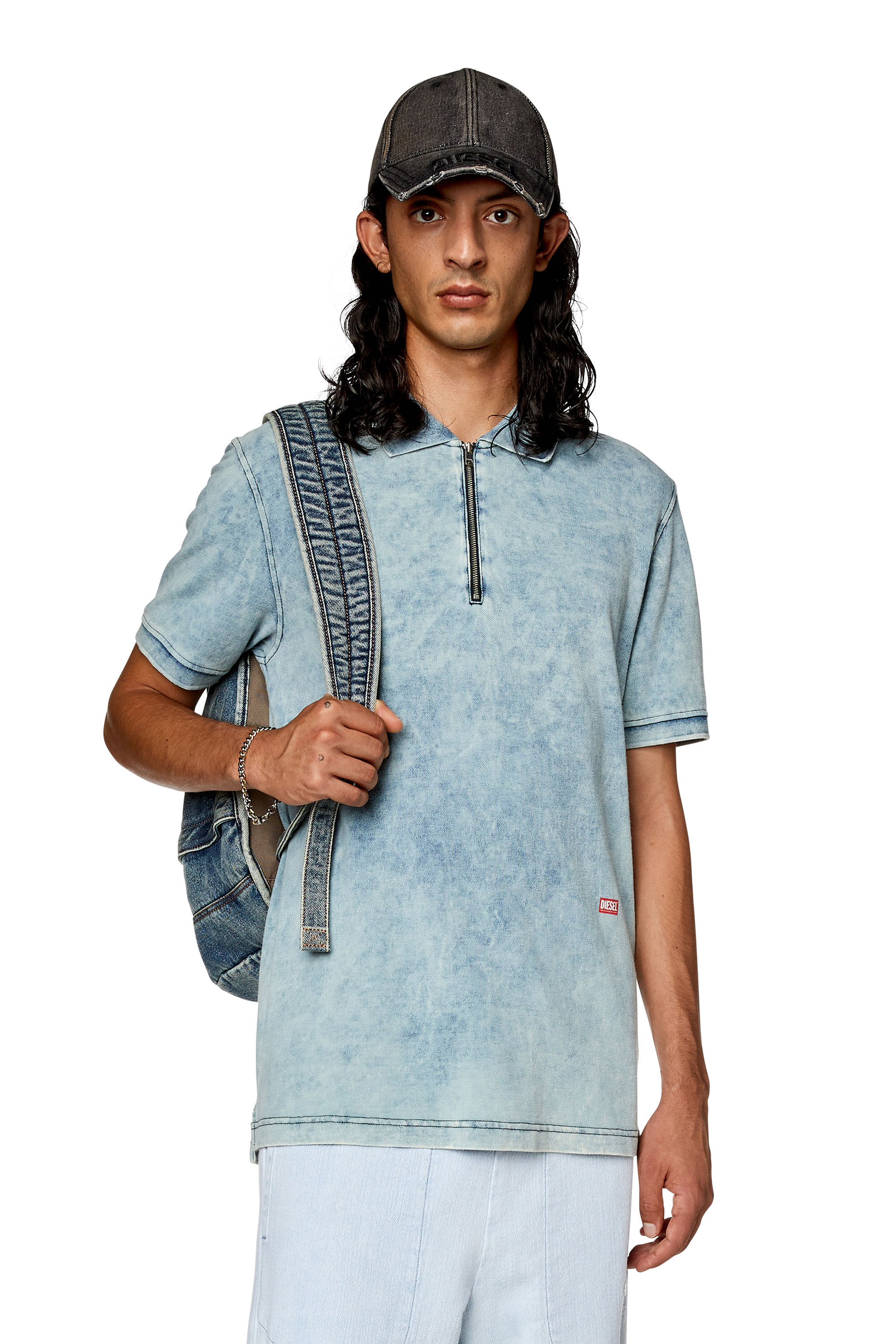 Diesel - T-SMITH-ZIP, Man Polo shirt in faded piqué in Blue - Image 3