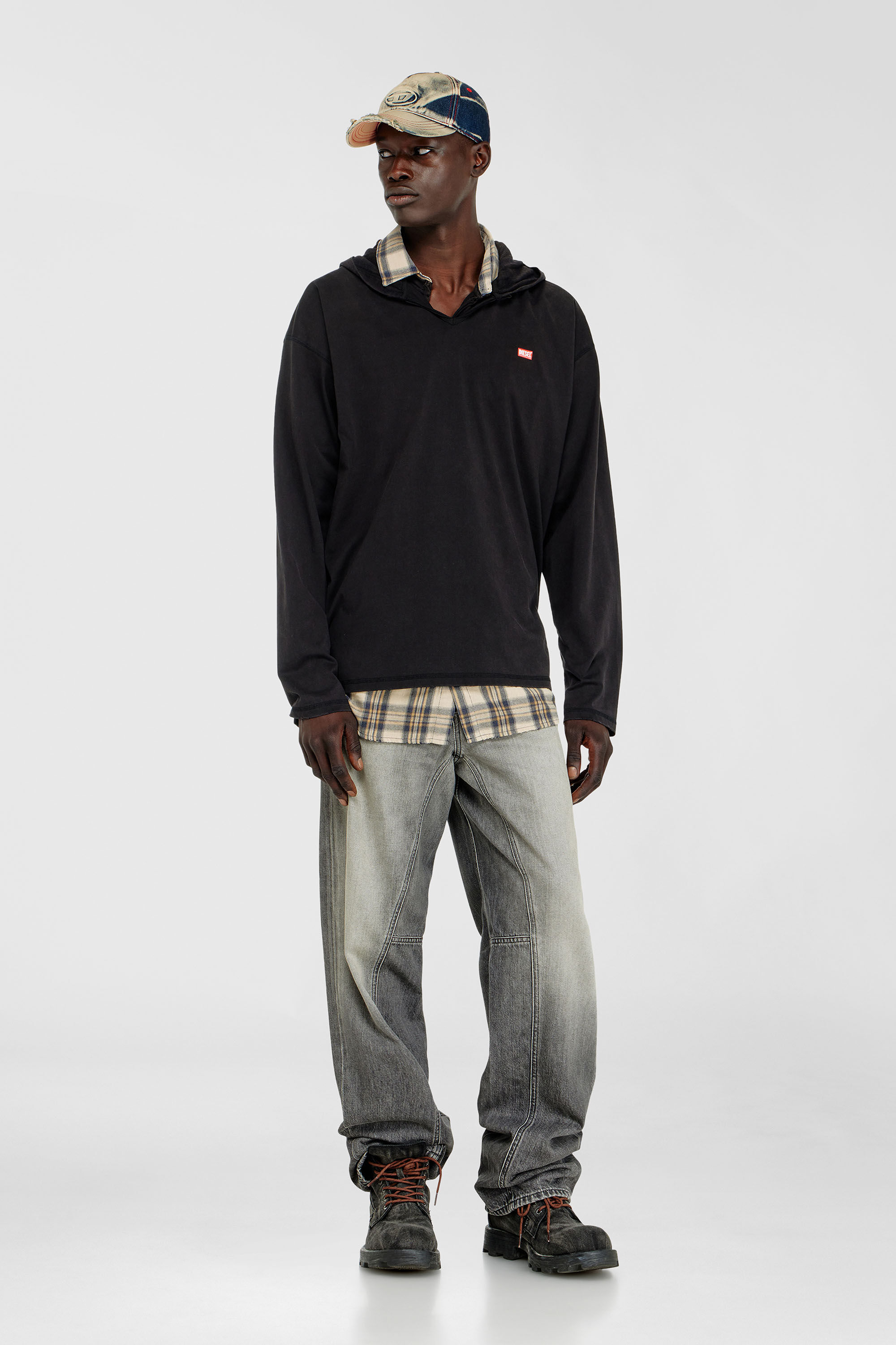 Diesel - T-BOXT-LS-HOOD-CHECK, Man's Long-sleeve T-shirt with flannel hood in Black - 1