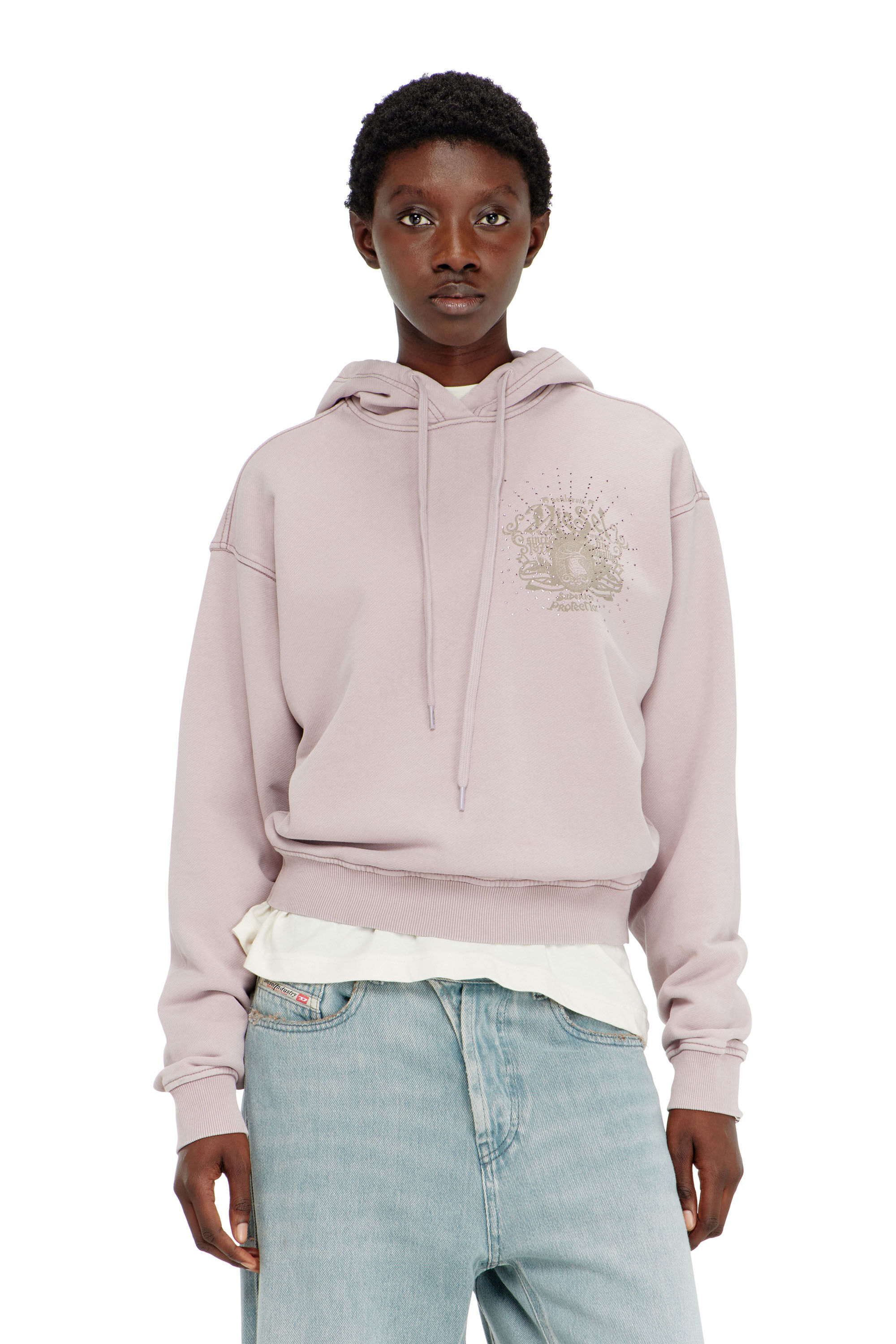 Diesel - F-PHOENY, Woman's Hoodie with prints and rhinestone studs in Lilac - 3