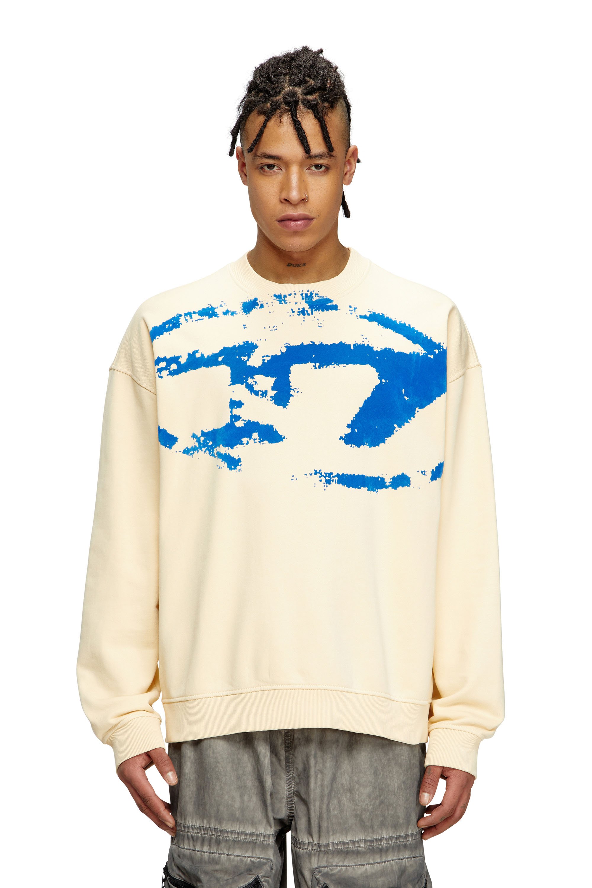 Diesel - S-BOXT-N5, Man's Sweatshirt with distressed flocked logo in Beige/Blue - 1