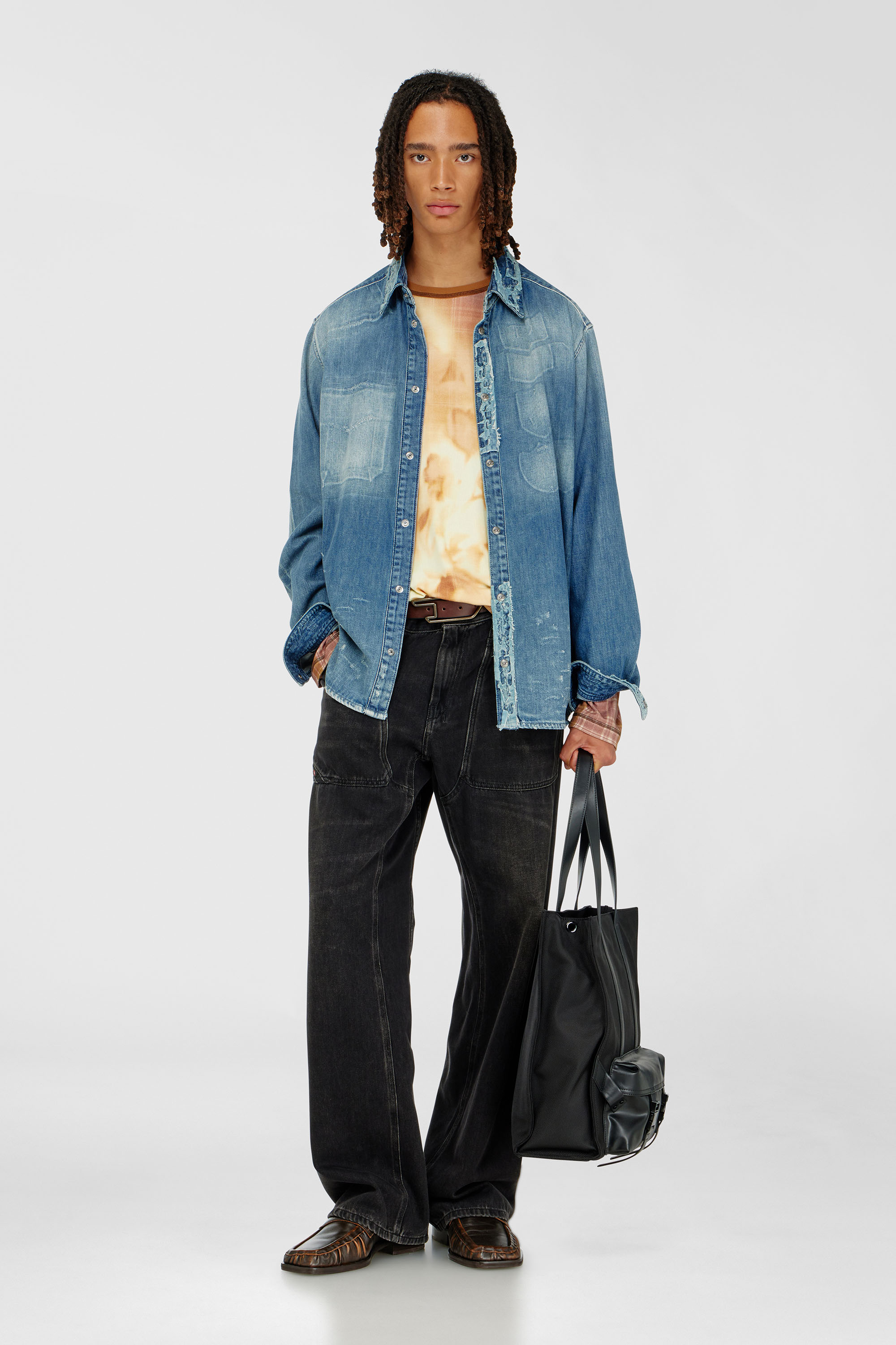 Diesel - D-SIMPLY, Man's Shirt in distressed patch-effect denim in Medium blue - 2
