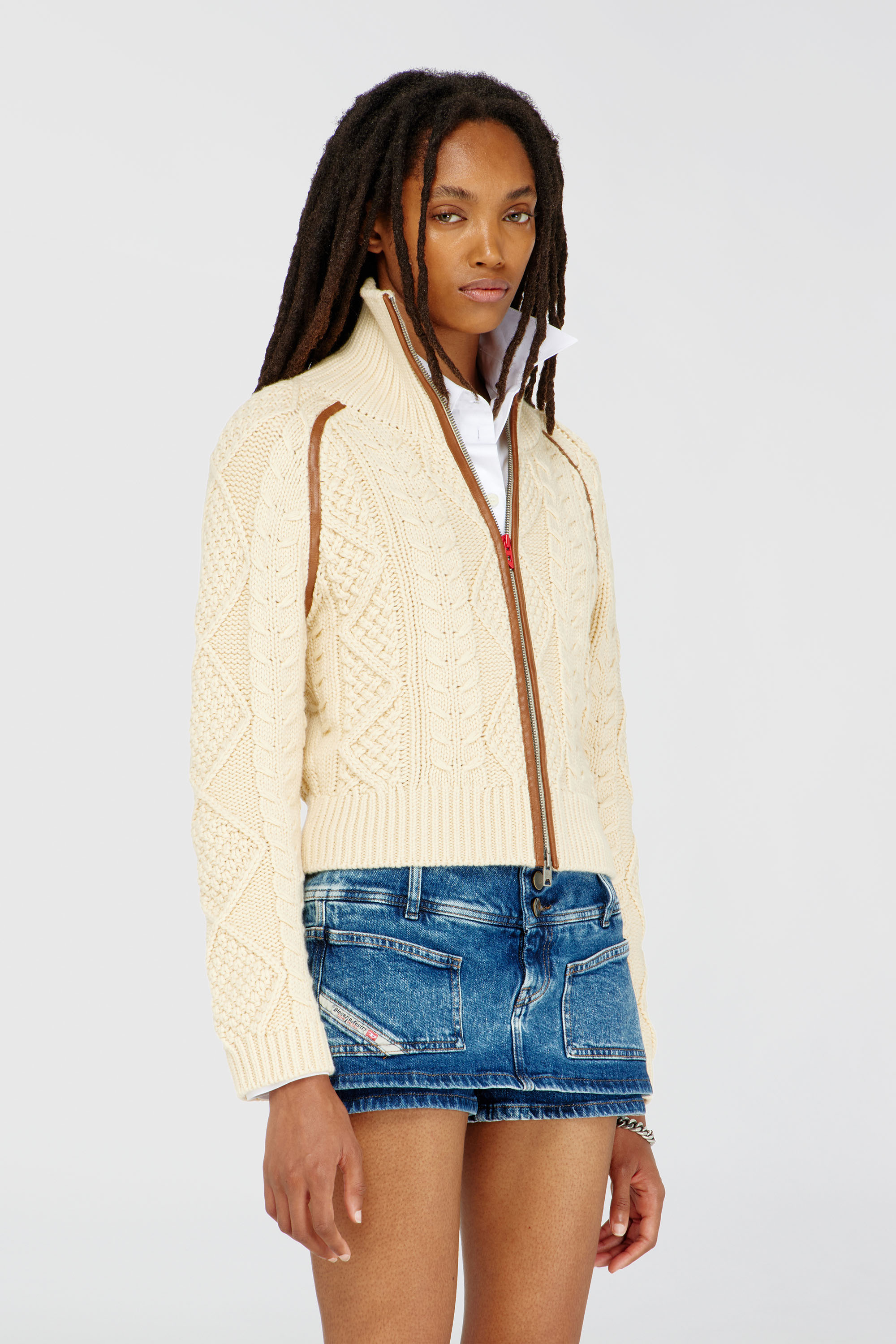 Diesel - M-INTELLE, Woman's Cable-knit cardigan with contrast bands in Beige - 2