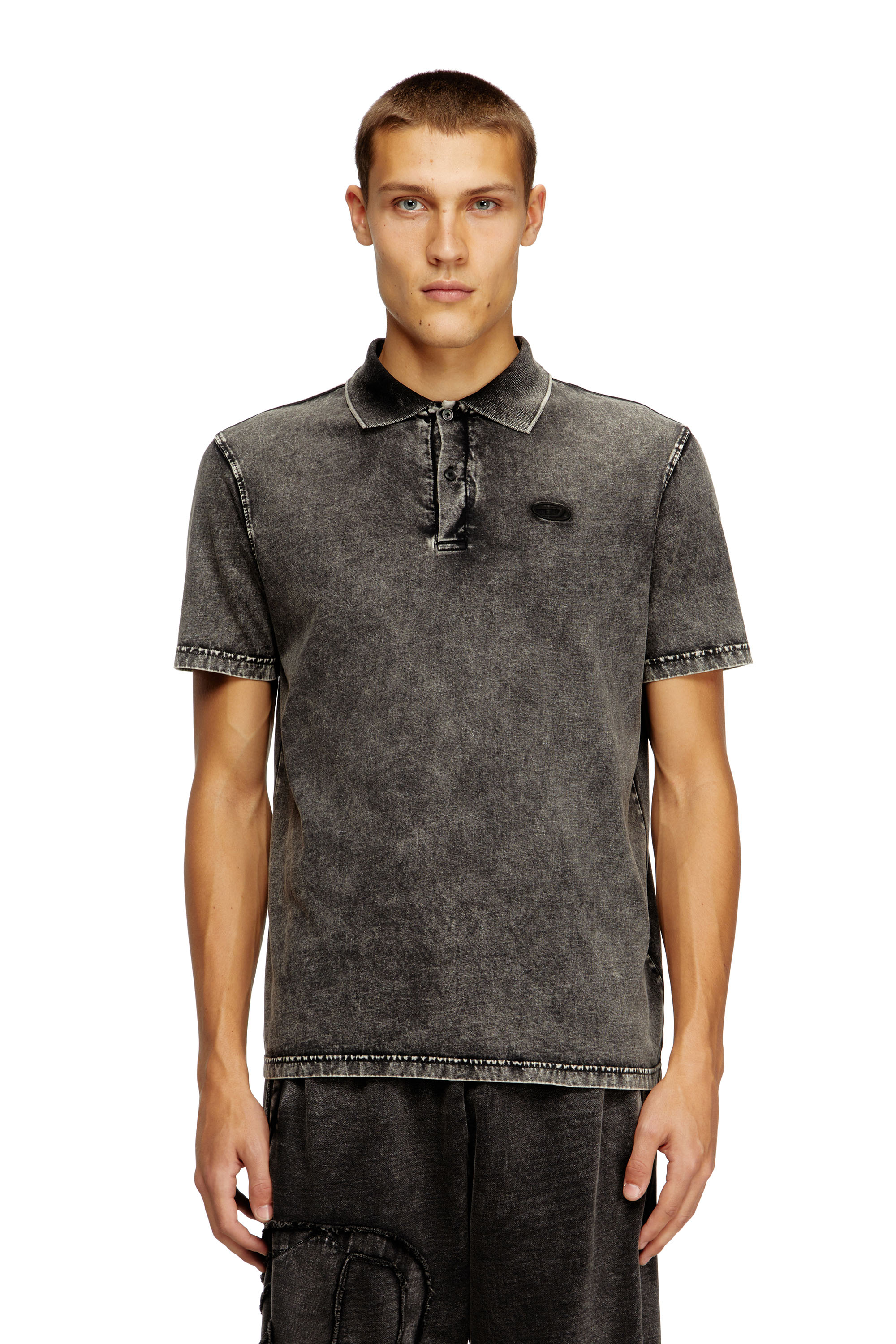 Diesel - T-REJUST-NC-DEN, Man's Polo shirt in denim-effect jersey in Dark grey - 1