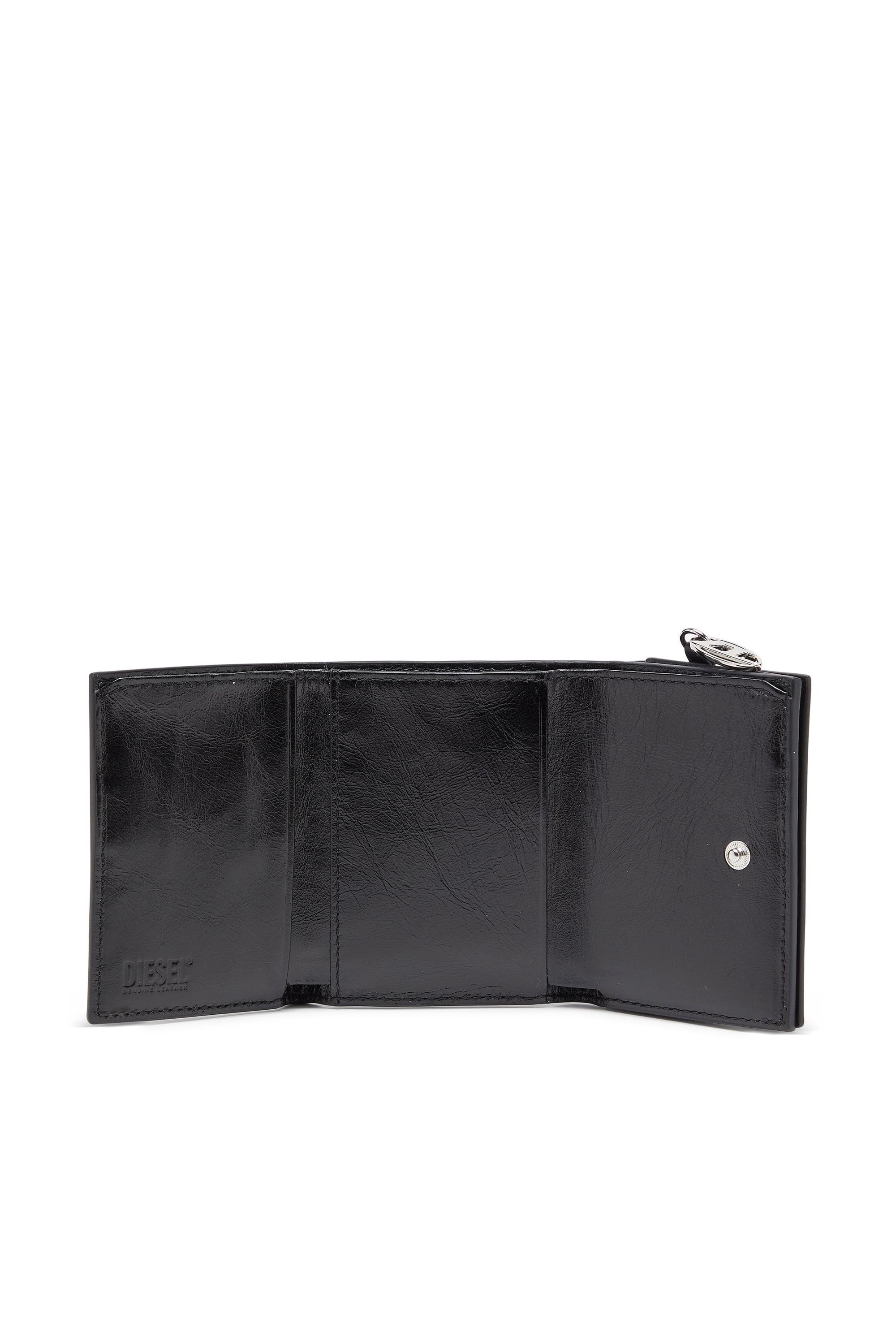 Diesel - OVAL-D TRI FOLD ZIP COIN XS II, Woman's Leather tri-fold wallet with embossed motif in Black - 3
