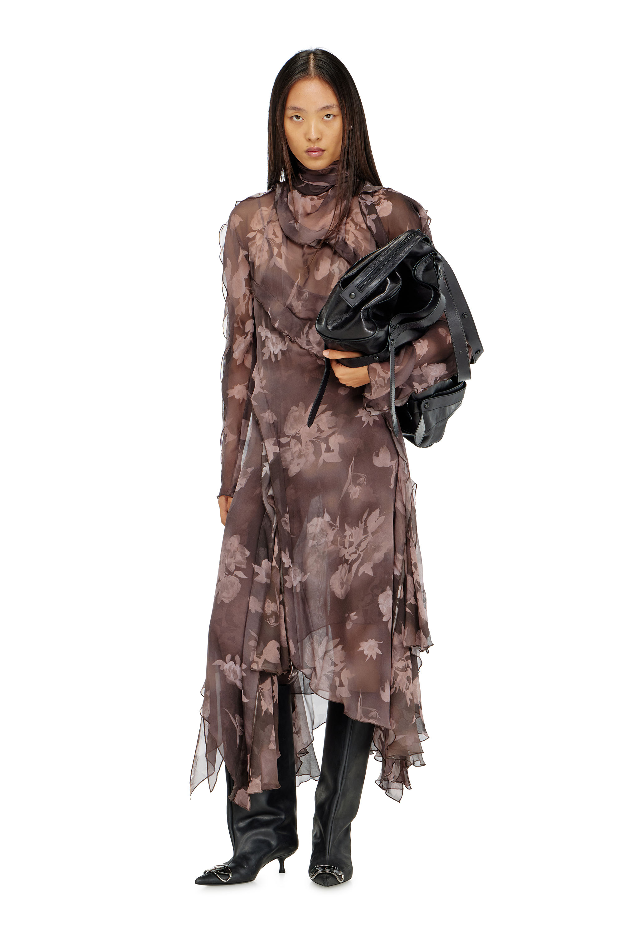Diesel - D-RIADI, Woman's Asymmetric midi dress in chiffon and silk-crepe in Brown - 1