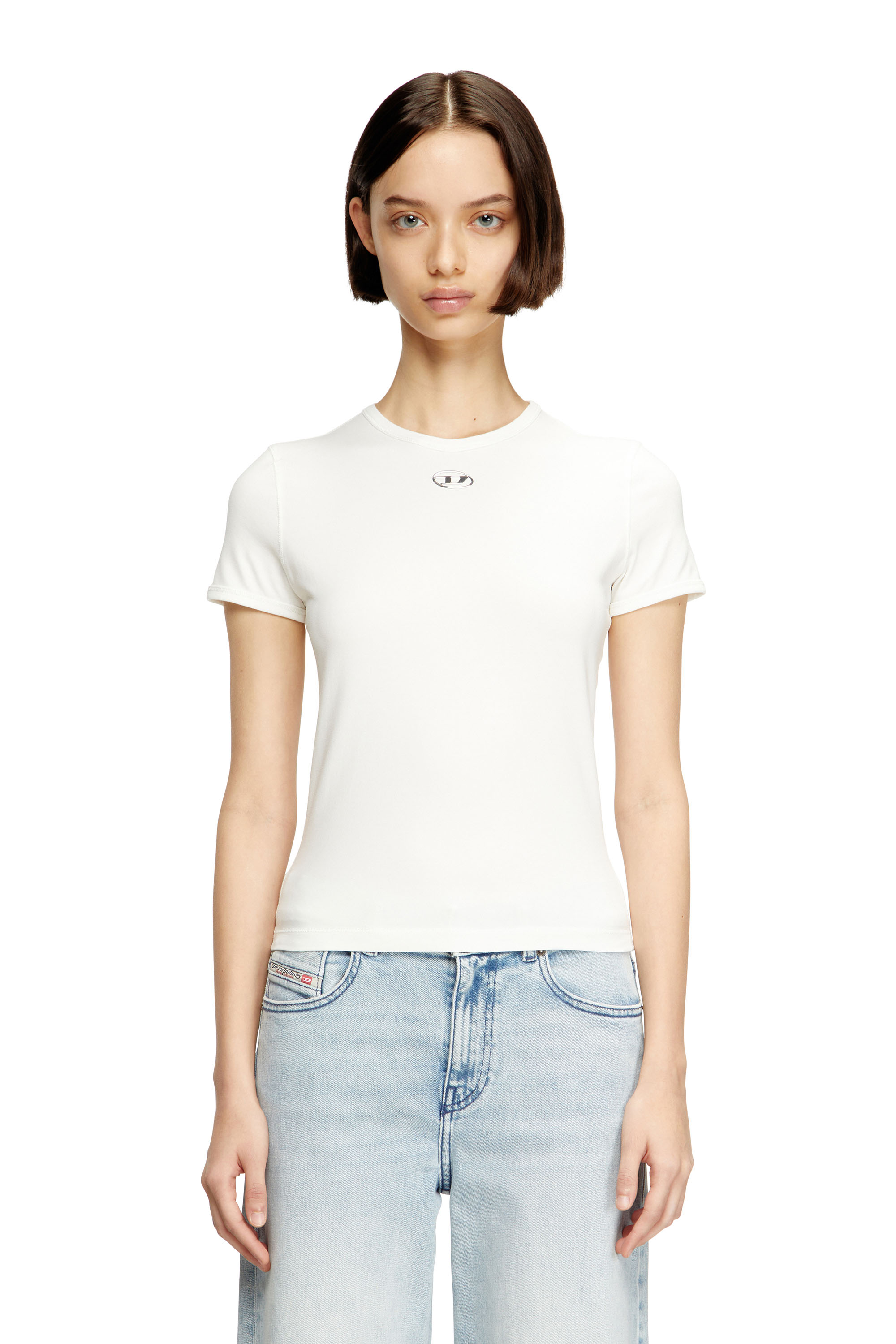 Diesel - T-UNCUTIESLONG-OD, Woman's Slim-fit T-shirt with metallic Oval D in White - 3