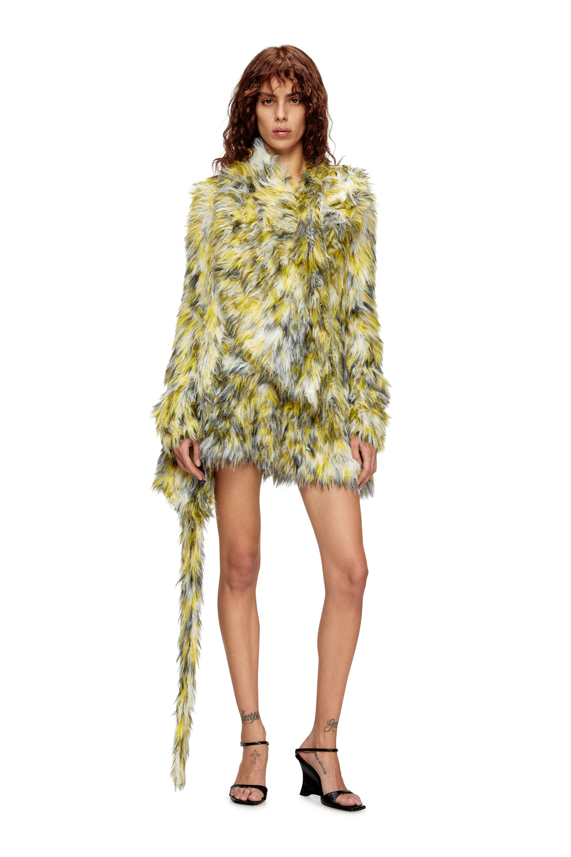 Diesel - M-ANNAINE, Woman's Open-front cardigan in fluffy knit in Black/Yellow - 3