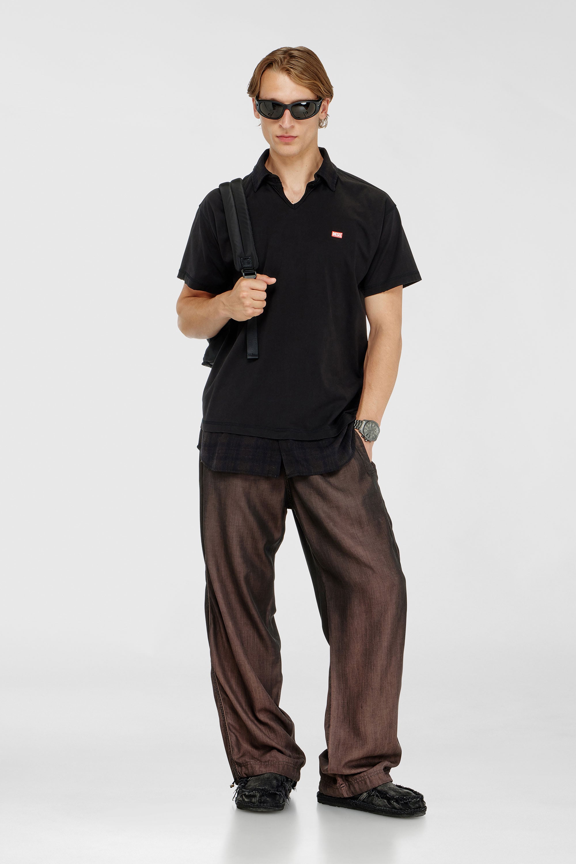 Diesel - T-ANSEL, Man's Jersey polo shirt with check flannel trims in Black - 1
