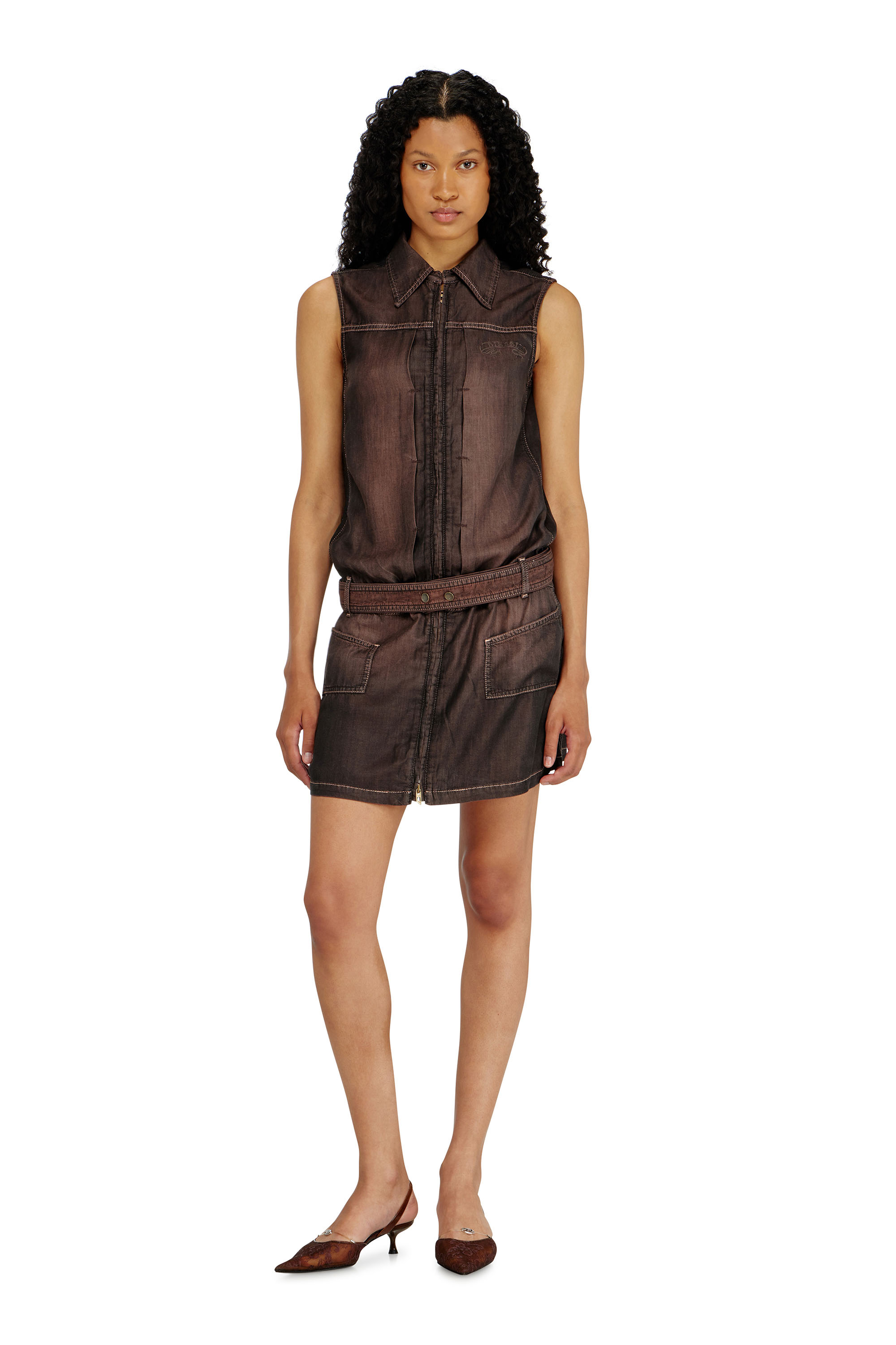 Diesel - DE-EDROS-S, Woman's Minidress in fluid coated denim in Brown - 1