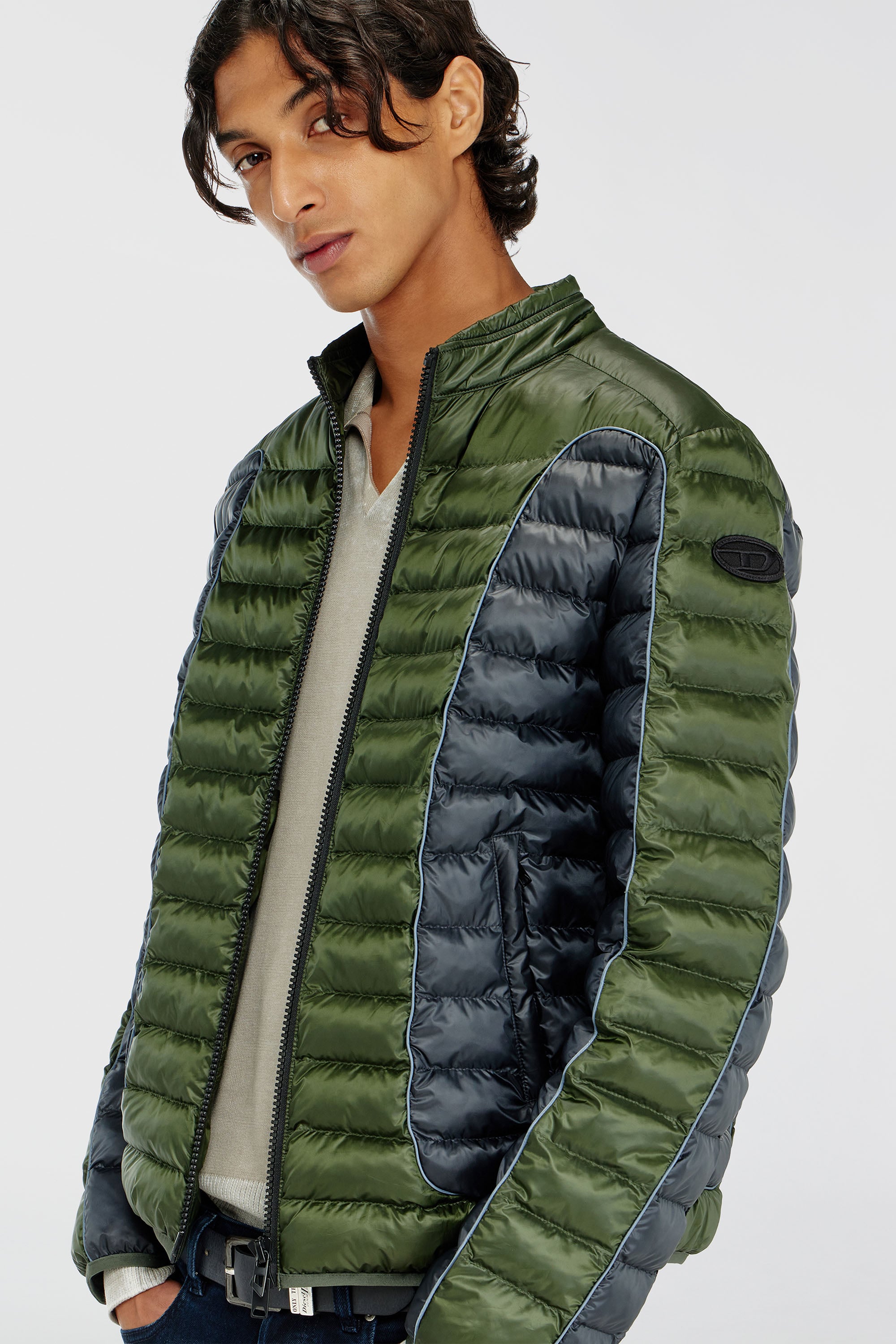 Diesel - W-PILOT-BLOCK, Man's Biker-style puffer jacket with colour-block design in Grey/Green - 5