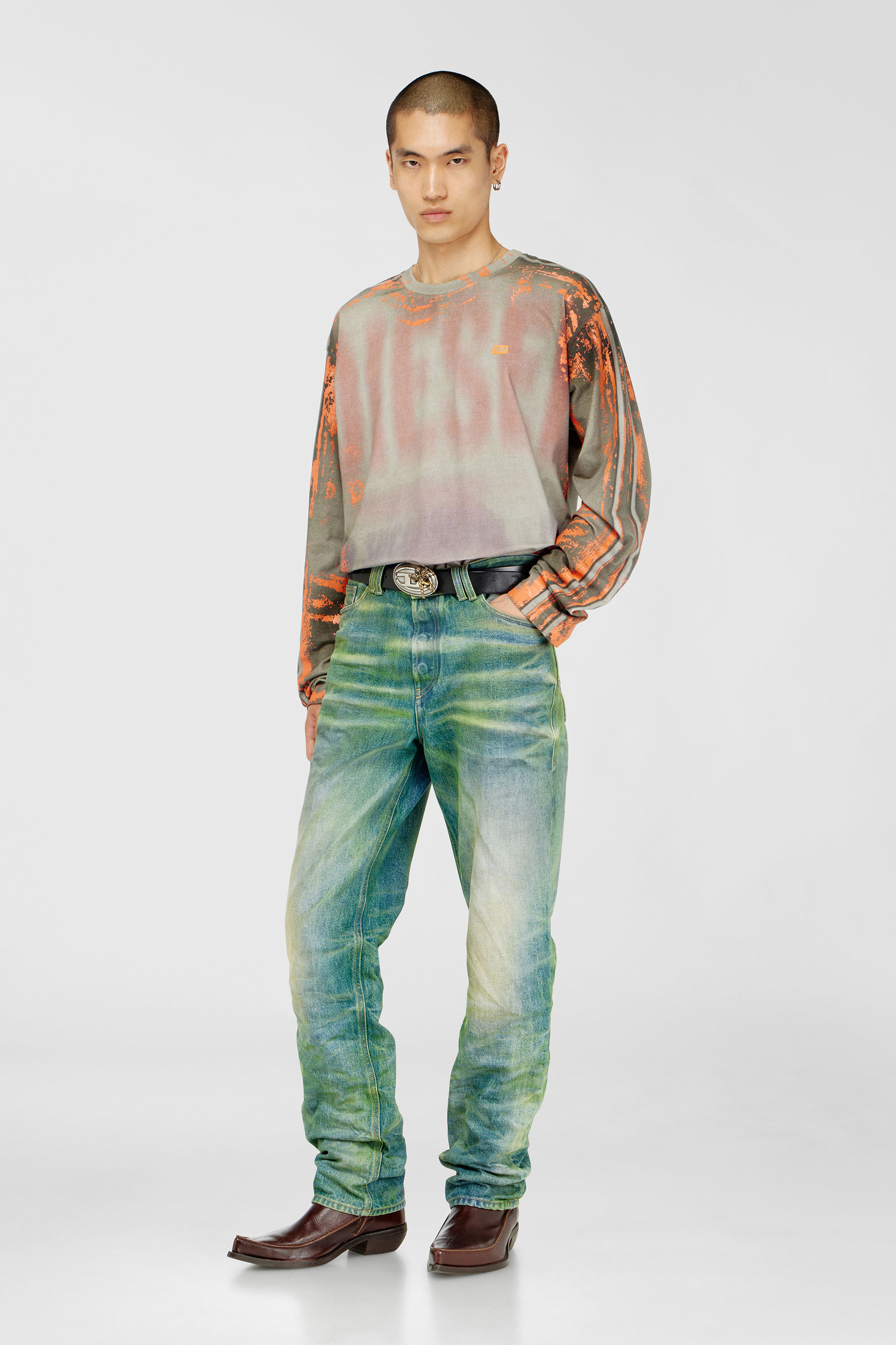 Diesel - T-FILMY, Man's Long-sleeve T-shirt in cracked jersey in Grey/Orange - 2