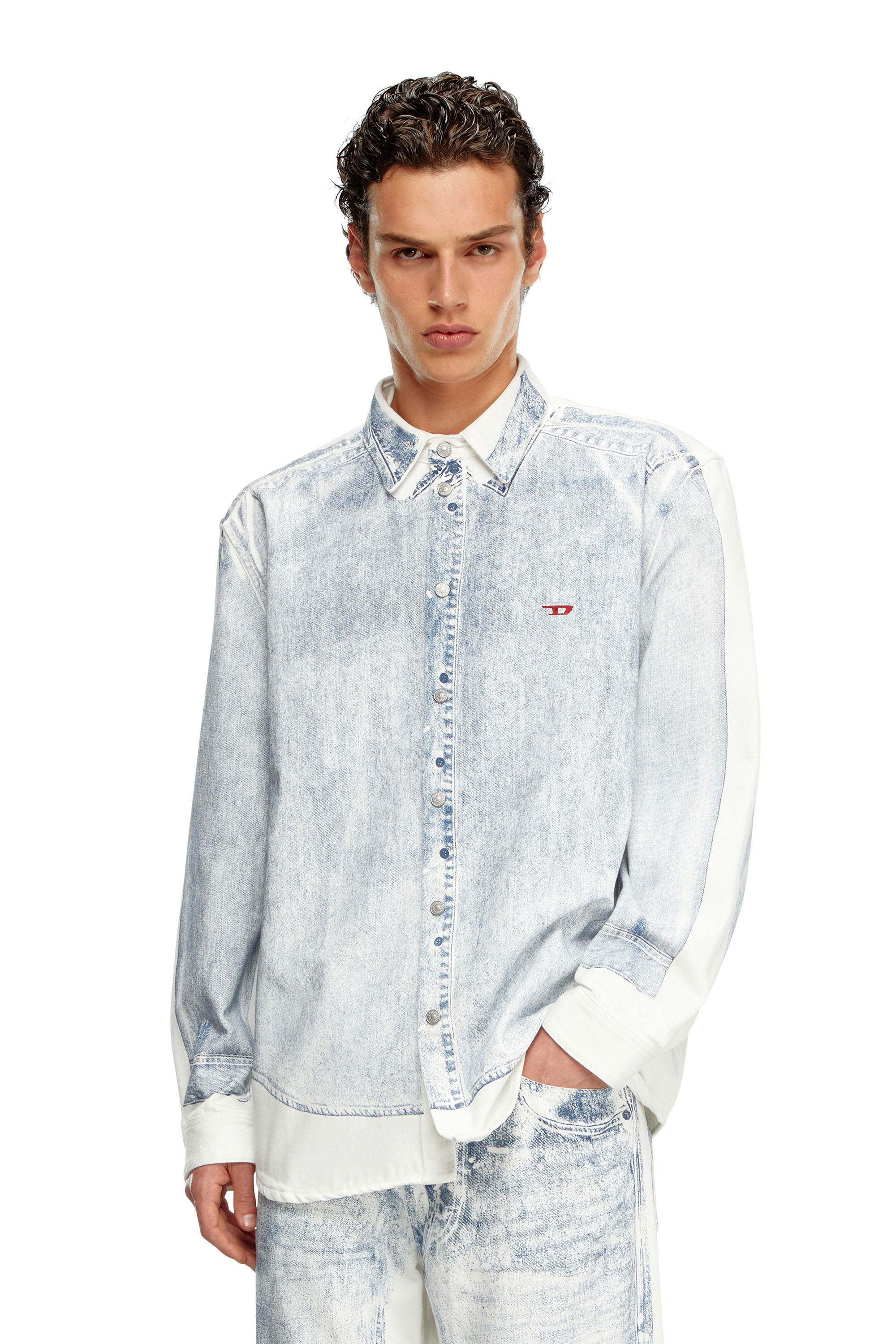 Diesel - D-SIMPLY-OVER-S, Man Denim shirt with trompe l'oeil print in Multicolor - Image 1