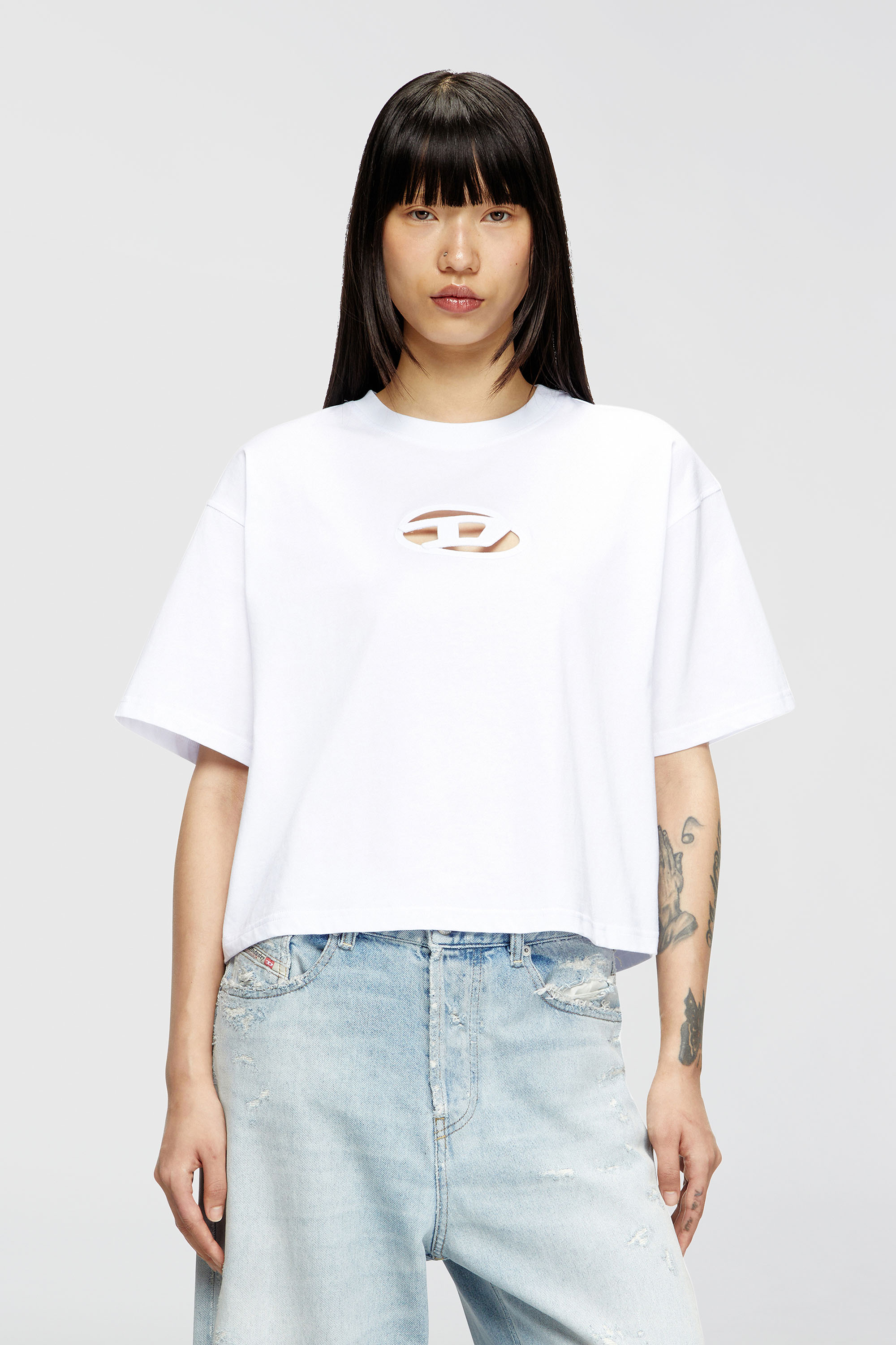 Diesel - T-BUXT-CROP-OD, Woman's Boxy T-shirt with cut-out Oval D logo in White - 1