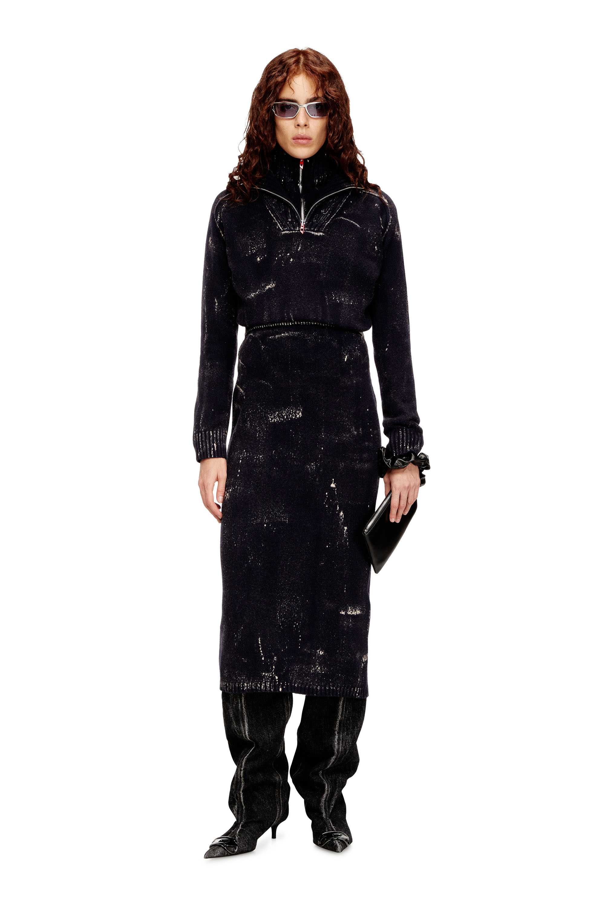 Diesel - M-MARCELLE, Woman's Midi dress in treated wool-blend knit in Black - 2