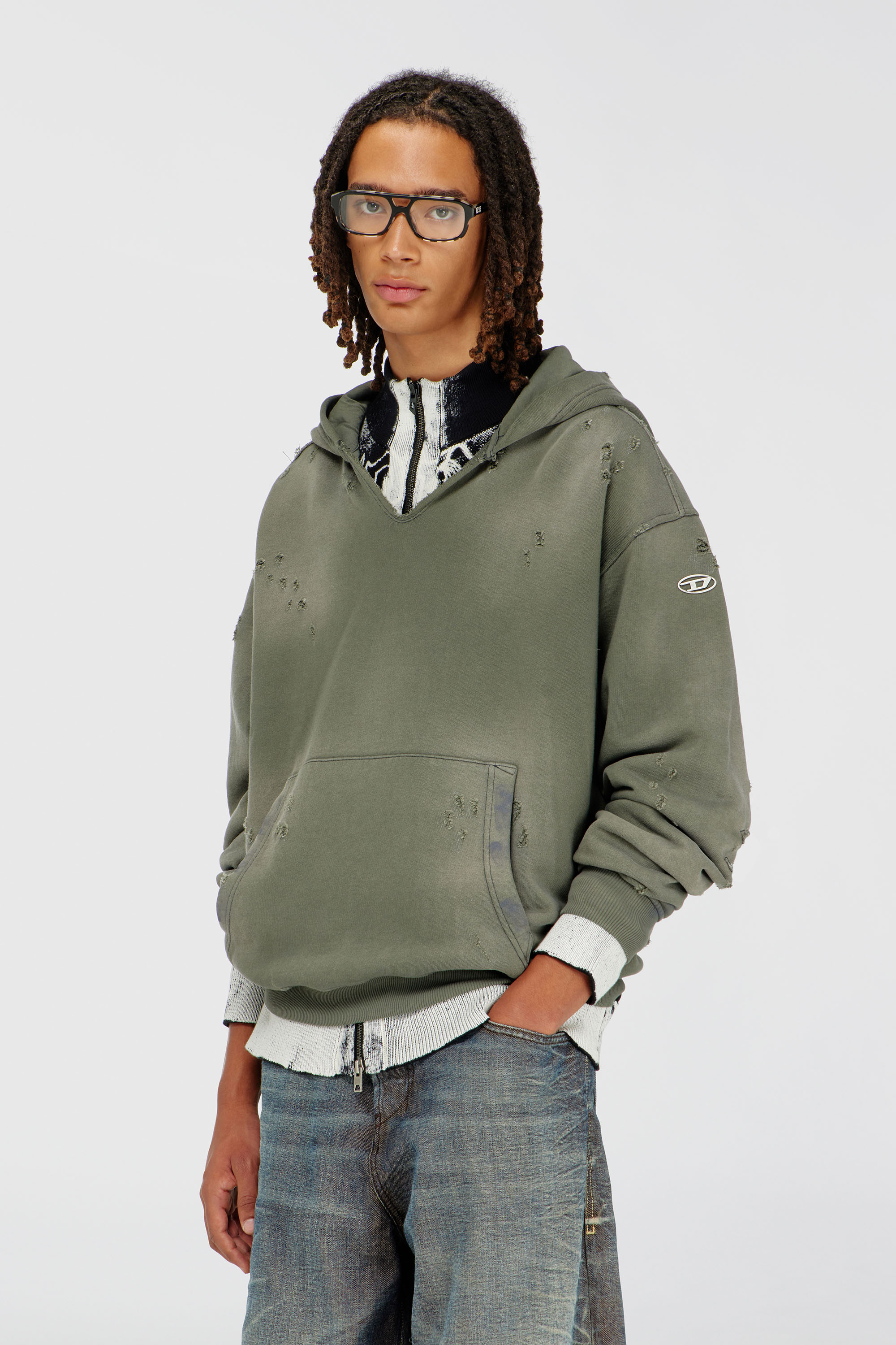 Diesel - S-KEITHY, Man's Distressed hoodie with V-neck in Grey - 3