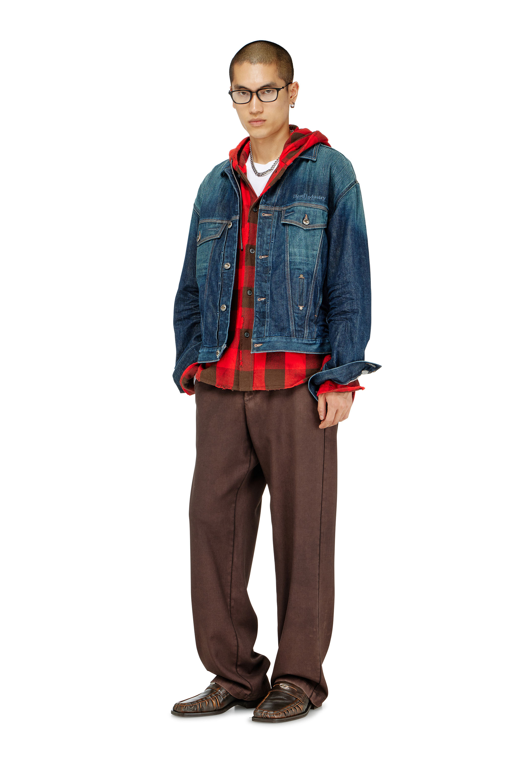 Diesel - S-DRUM-HOODY, Man's Distressed hooded shirt in check flannel in null - 2