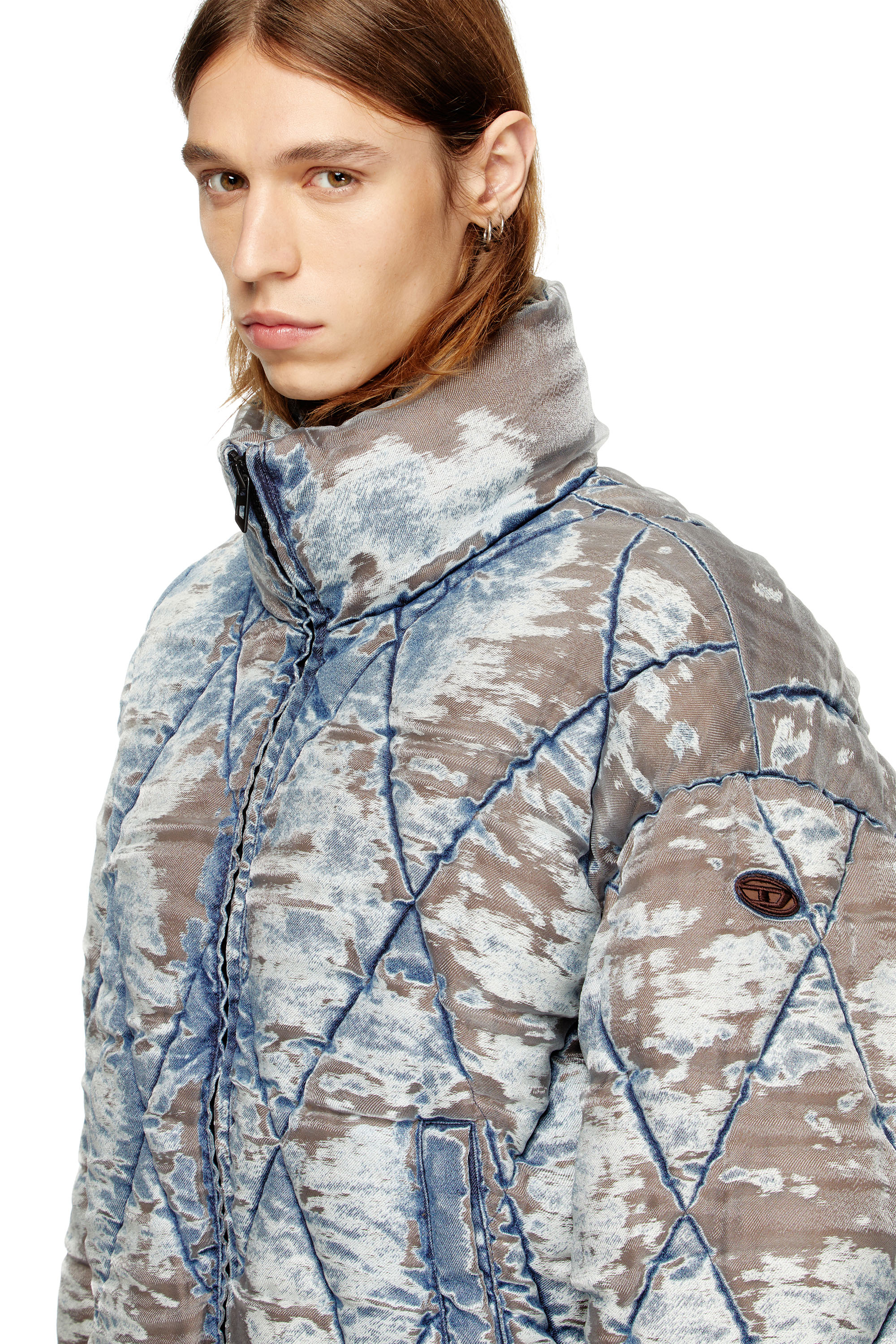 Diesel - W-KONS, Man's Padded jacket in argyle-quilted devoré denim in Light Blue - 5