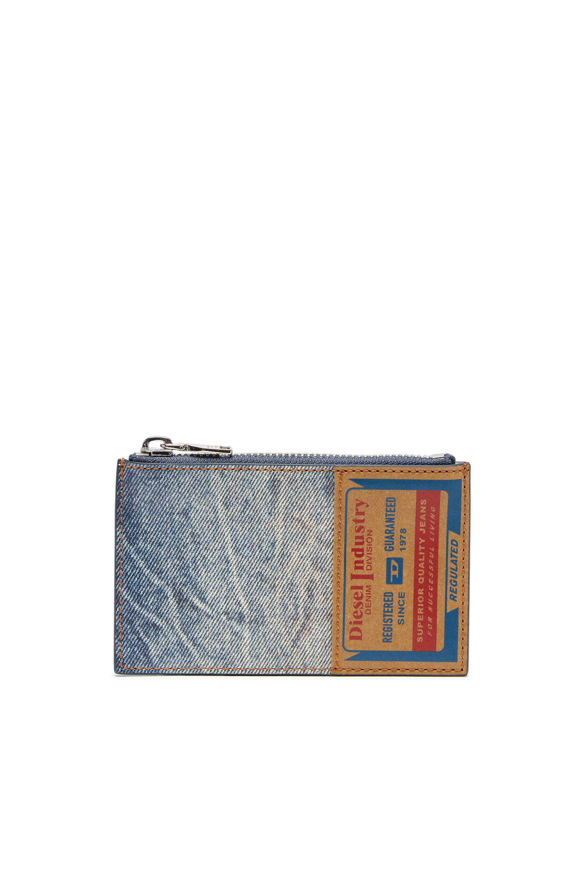 Diesel - JACKRON CARD HOLDER COIN M, Man Leather card holder with denim print in Blue - Image 1