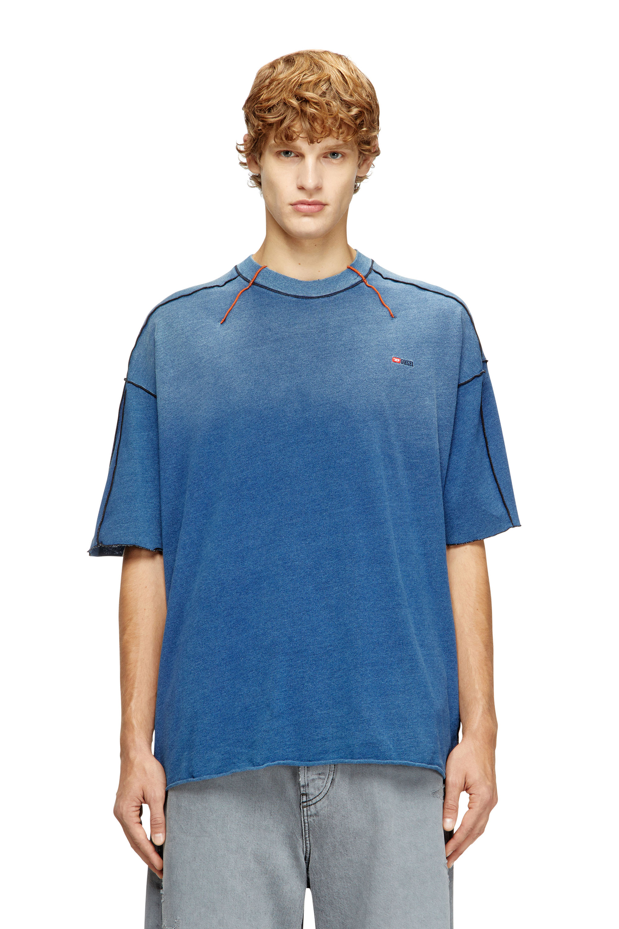 Diesel - T-CRAOXT, Man's Cotton T-shirt with contrasting overlock stitching in Blue - 3