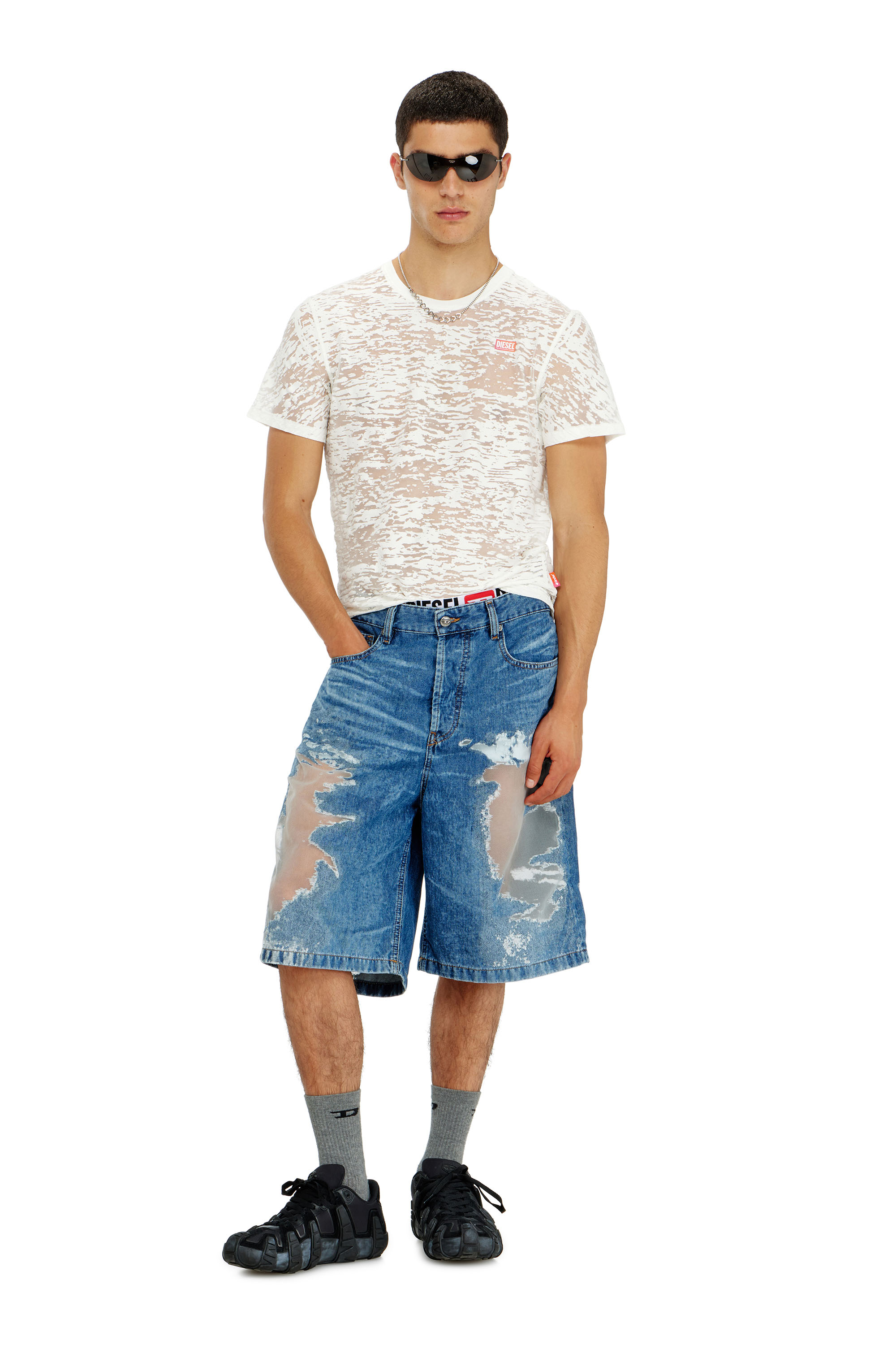 Diesel - PR-T-NOTS-MATI-R, Unisex's T-shirt in all-over devor&eacute; jersey in White - 2