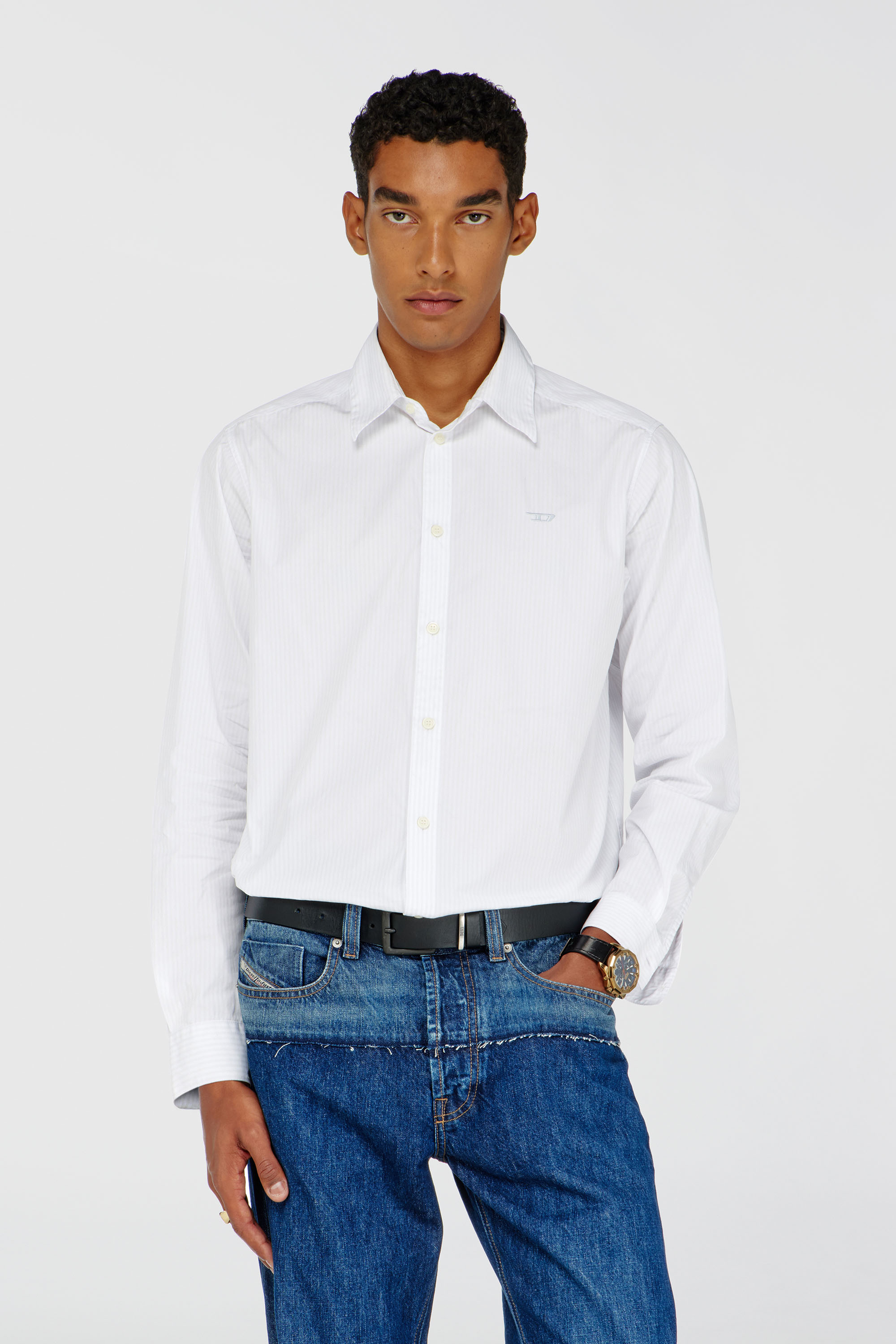 Diesel - S-SIMPLY-NA-DNAN, Man's Striped shirt in cotton with D embroidery in White - 3