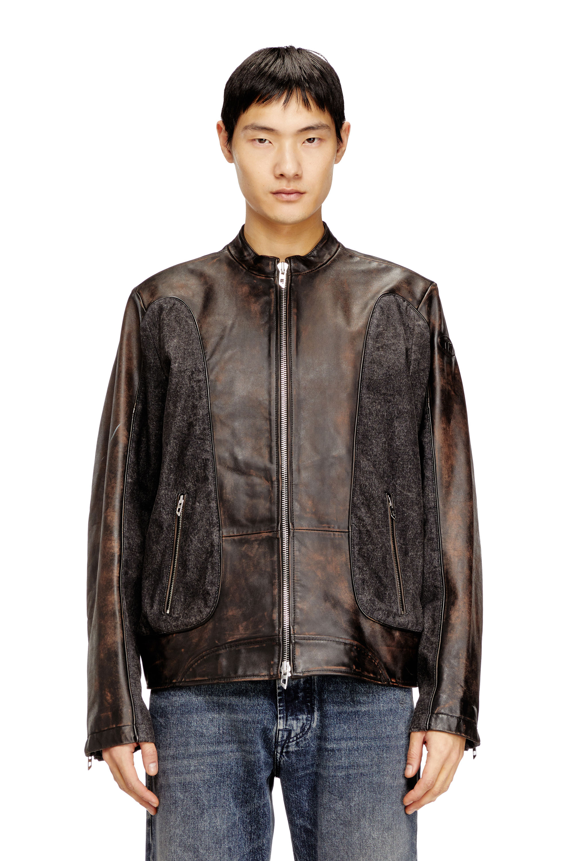 Diesel - L-KRILL-DNM, Man's Piped biker jacket in leather and denim in Brown - 1