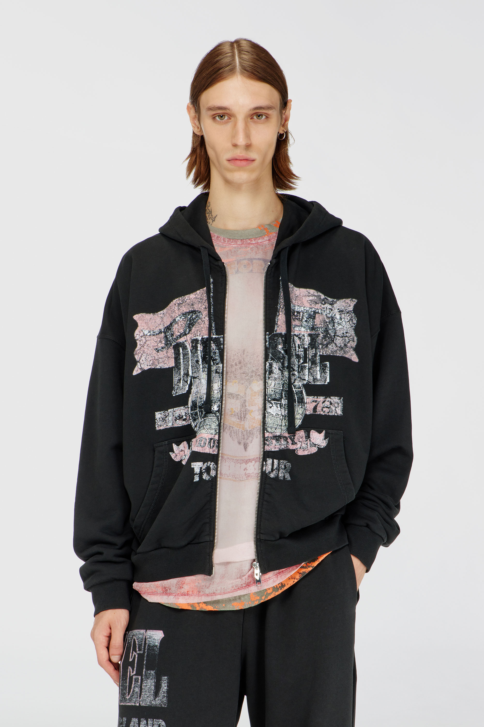 Diesel - S-WILL-ZIP, Man's Zip-up hoodie with concert graphics in Black - 1