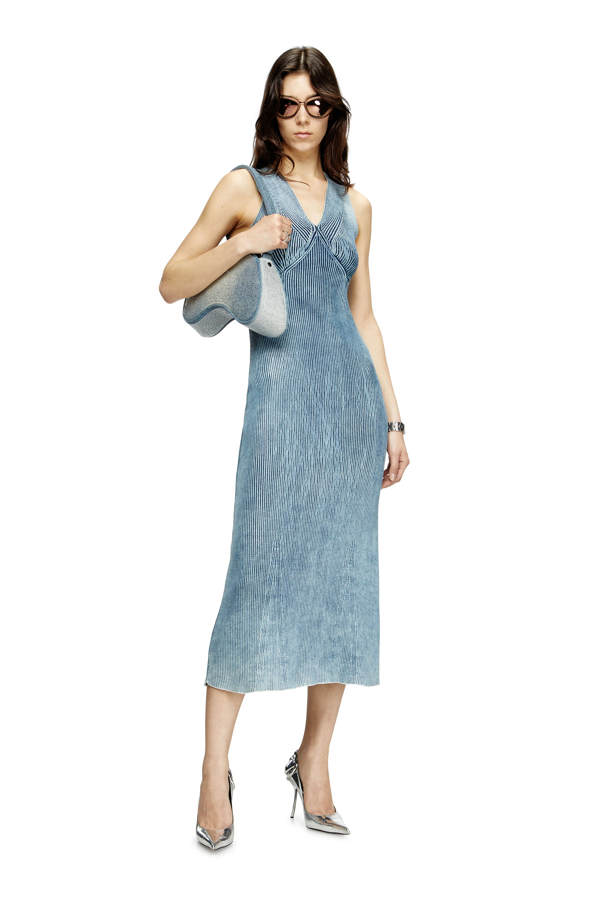 Diesel - M-MILONG, Woman's Denim-yarn midi dress with shiny effect in Light Blue - 1