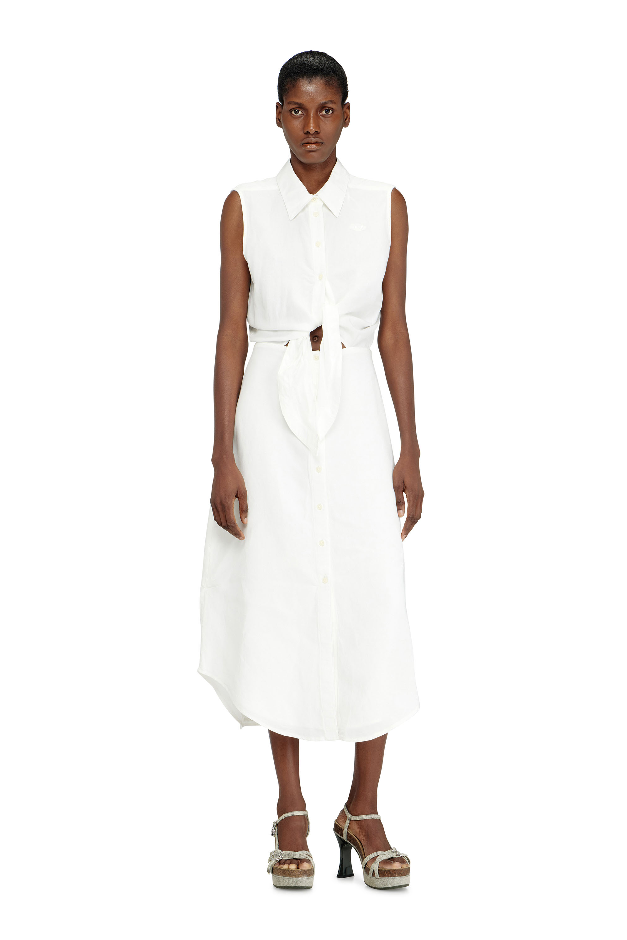 Diesel - D-ELTA-SL, Woman's Linen-blend midi dress with knot detail in White - 3