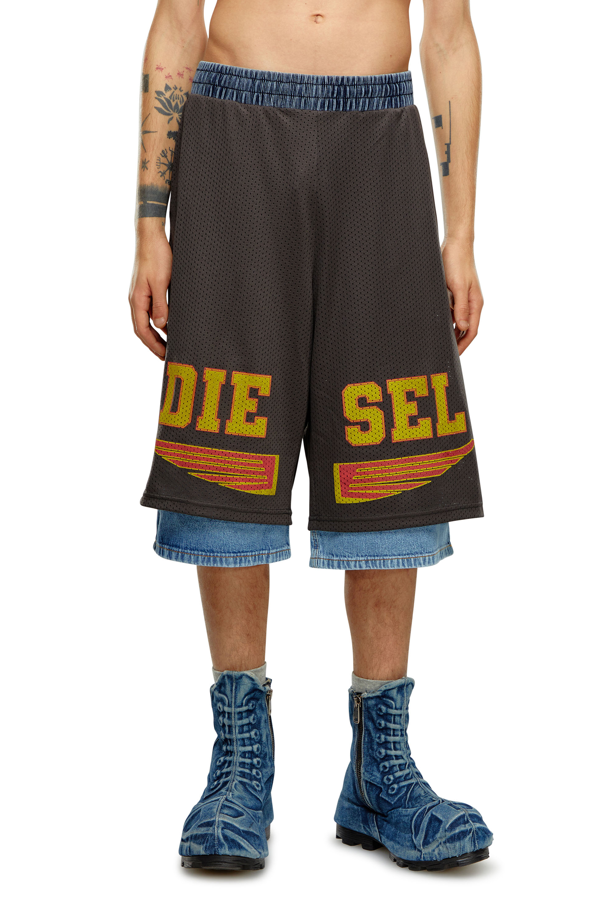 Diesel - P-ECKY, Man Wide-leg shorts in jersey, mesh and denim in Grey - Image 1