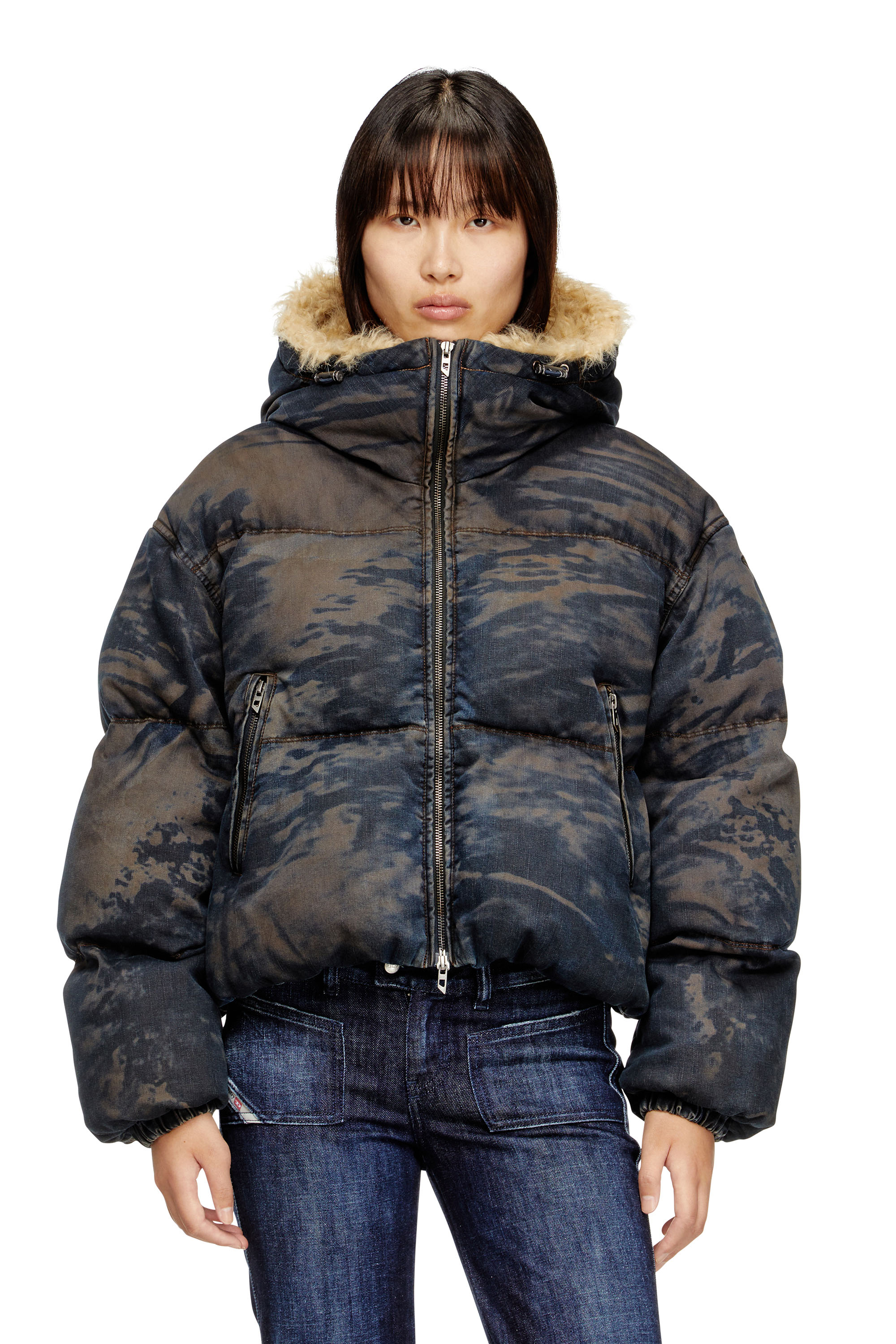 Diesel - W-AVES-FUR, Woman's Hooded puffer jacket in dirt-effect camo denim in Black/Brown - 3